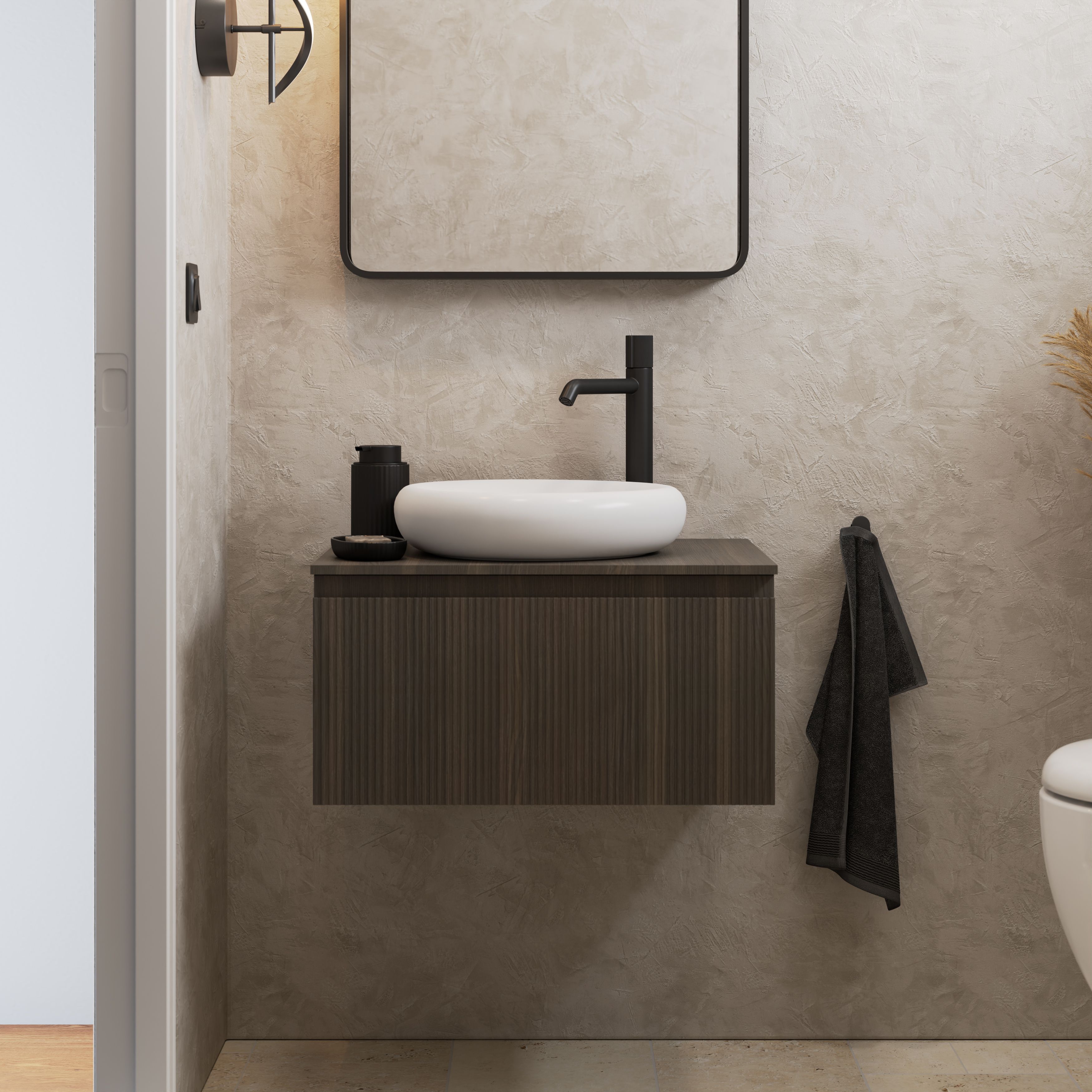 GoodHome Kentia Ribbed effect Walnut Veneer Wall-mounted Bathroom Cabinet (H)30cm (W)60cm