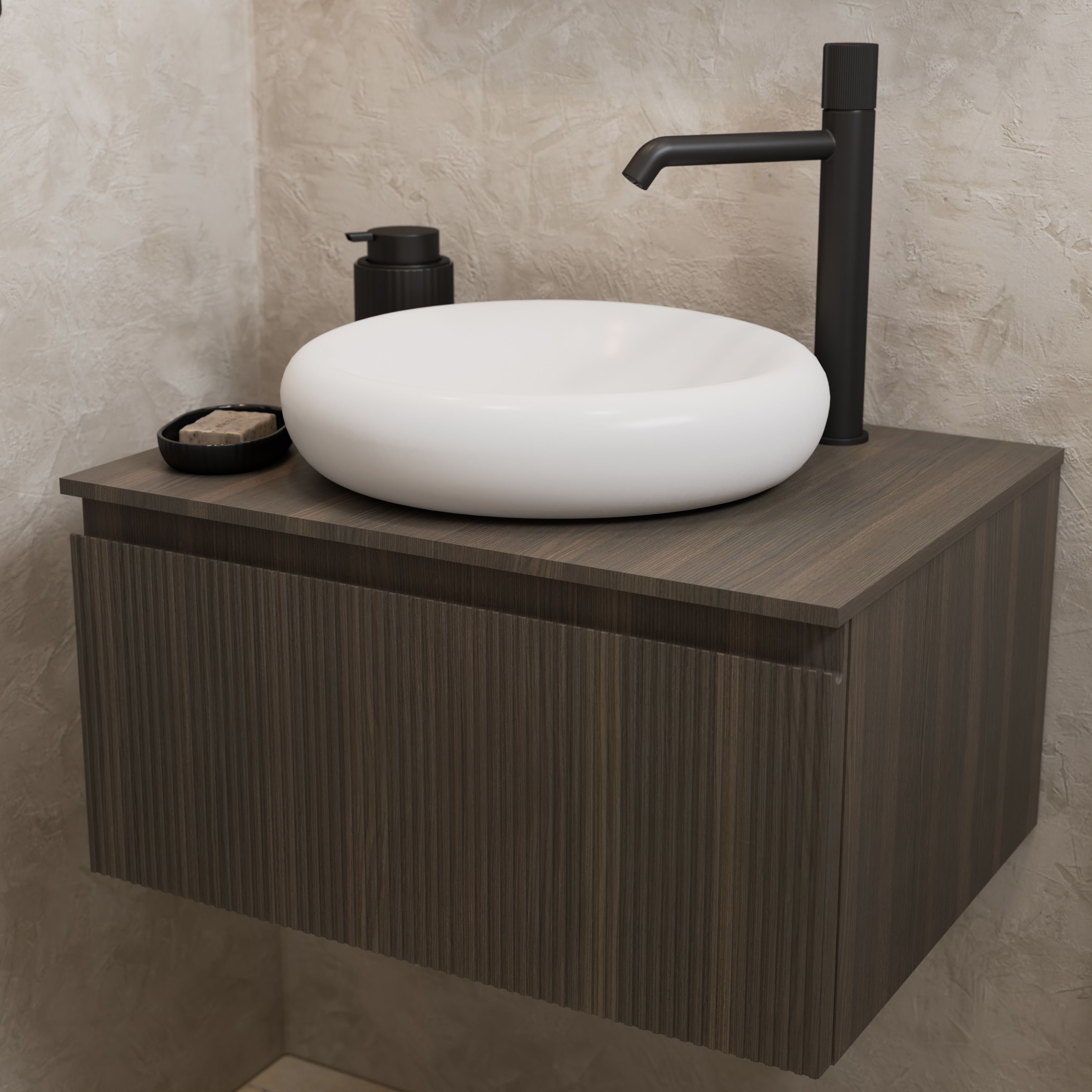 GoodHome Kentia Ribbed effect Walnut Veneer Wall-mounted Bathroom Cabinet (H)30cm (W)60cm