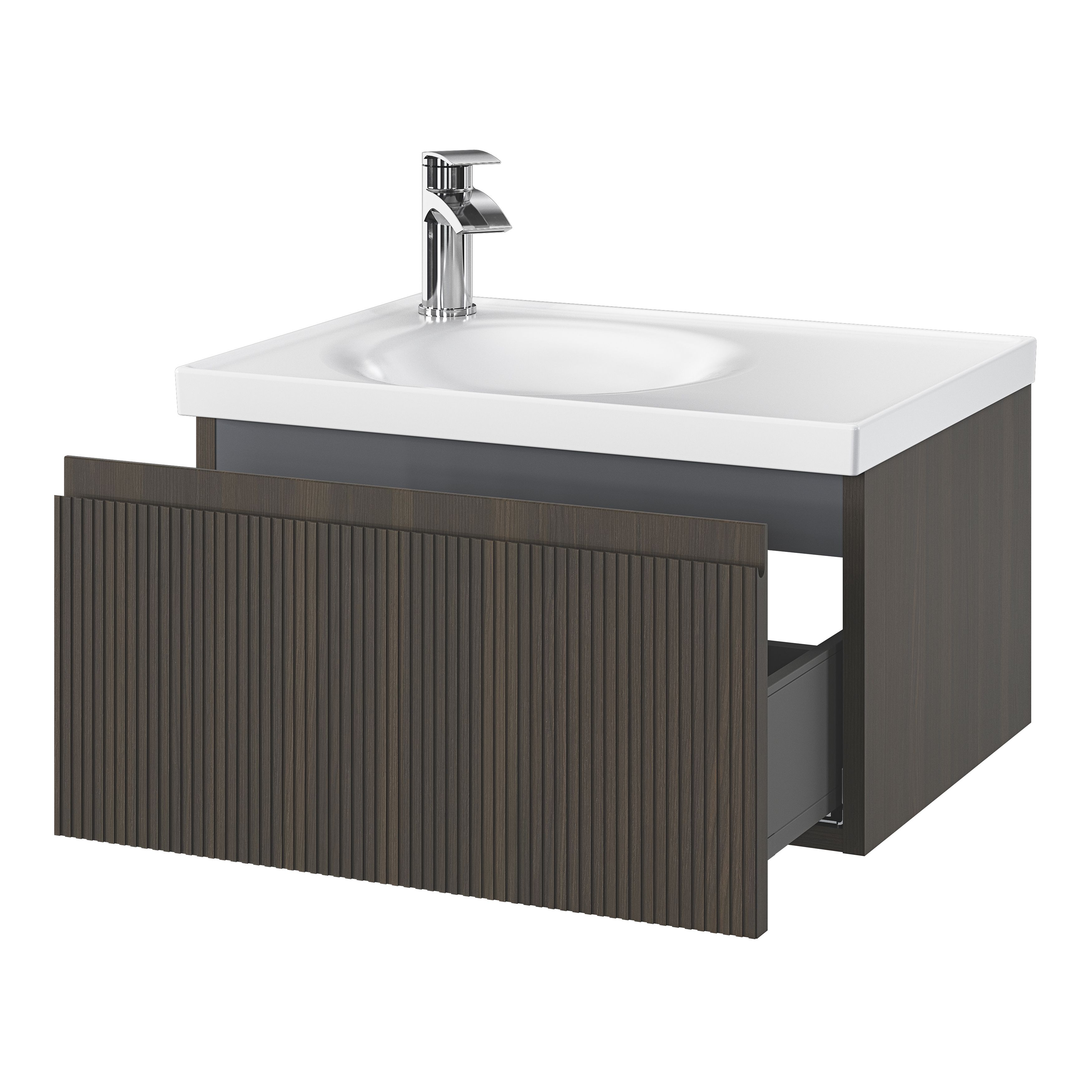 GoodHome Kentia Ribbed effect Walnut Veneer Wall-mounted Bathroom Cabinet (H)30cm (W)60cm