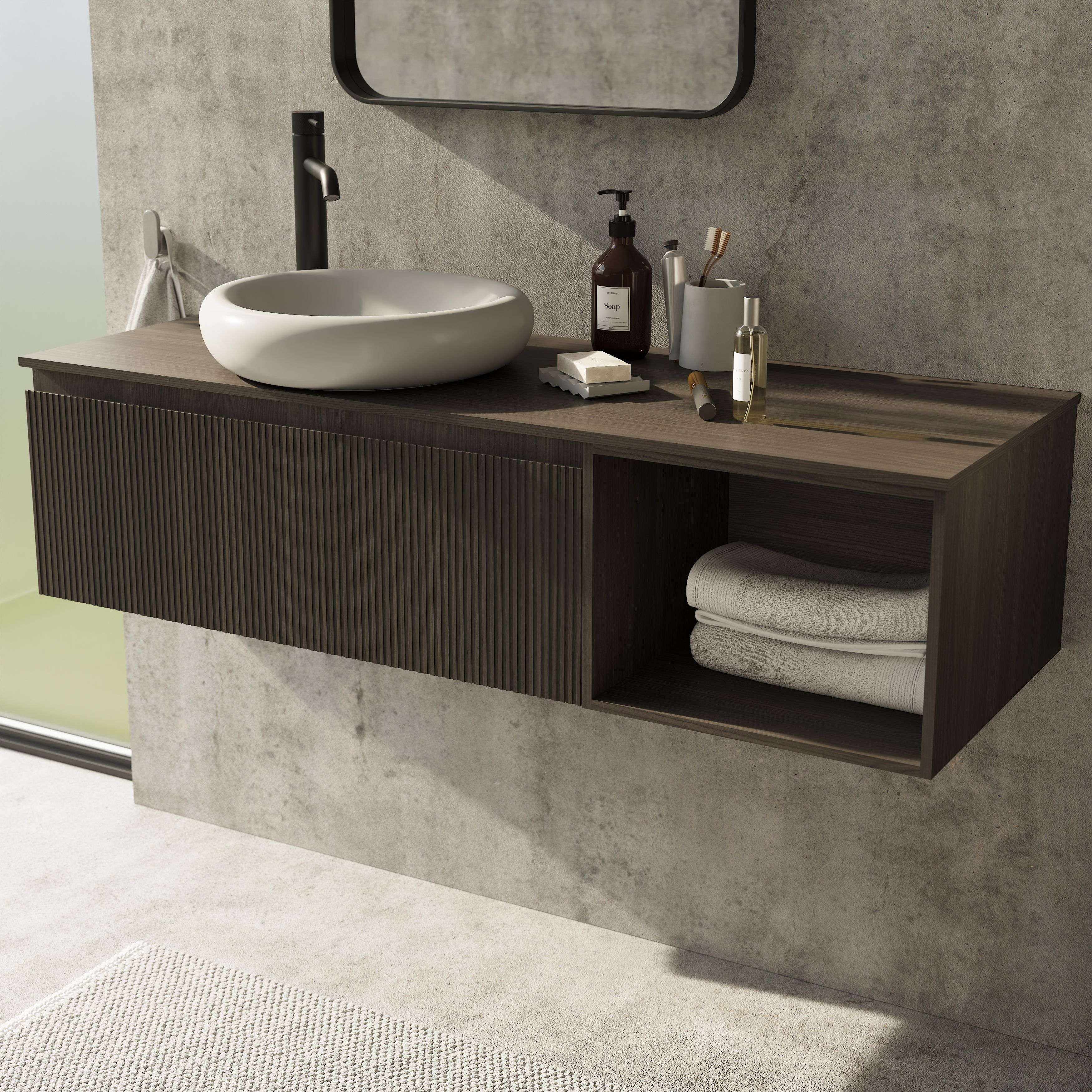 GoodHome Kentia Ribbed effect Walnut Veneer Wall-mounted Bathroom Cabinet (H)30cm (W)80cm
