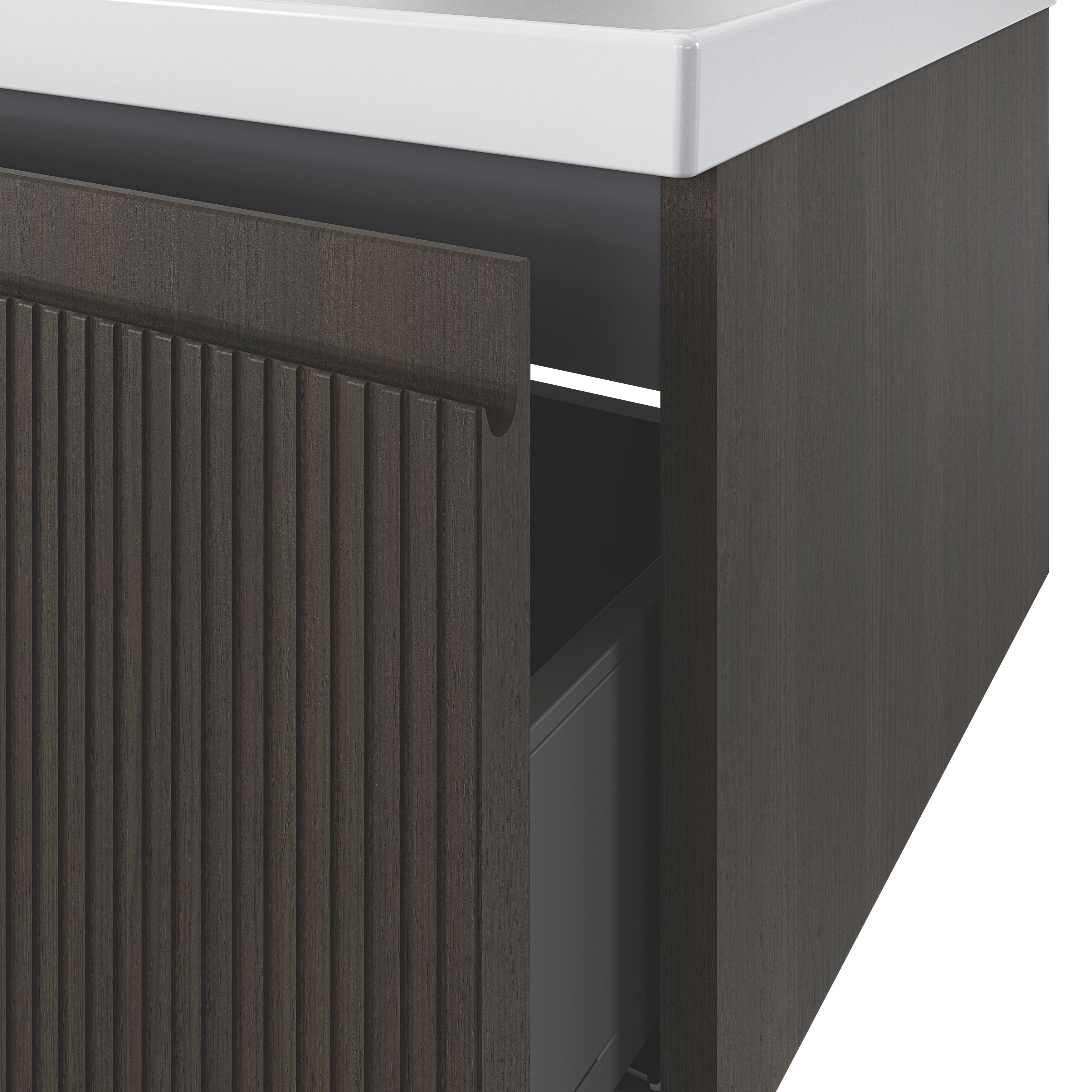 GoodHome Kentia Ribbed effect Walnut Veneer Wall-mounted Bathroom Cabinet (H)30cm (W)80cm