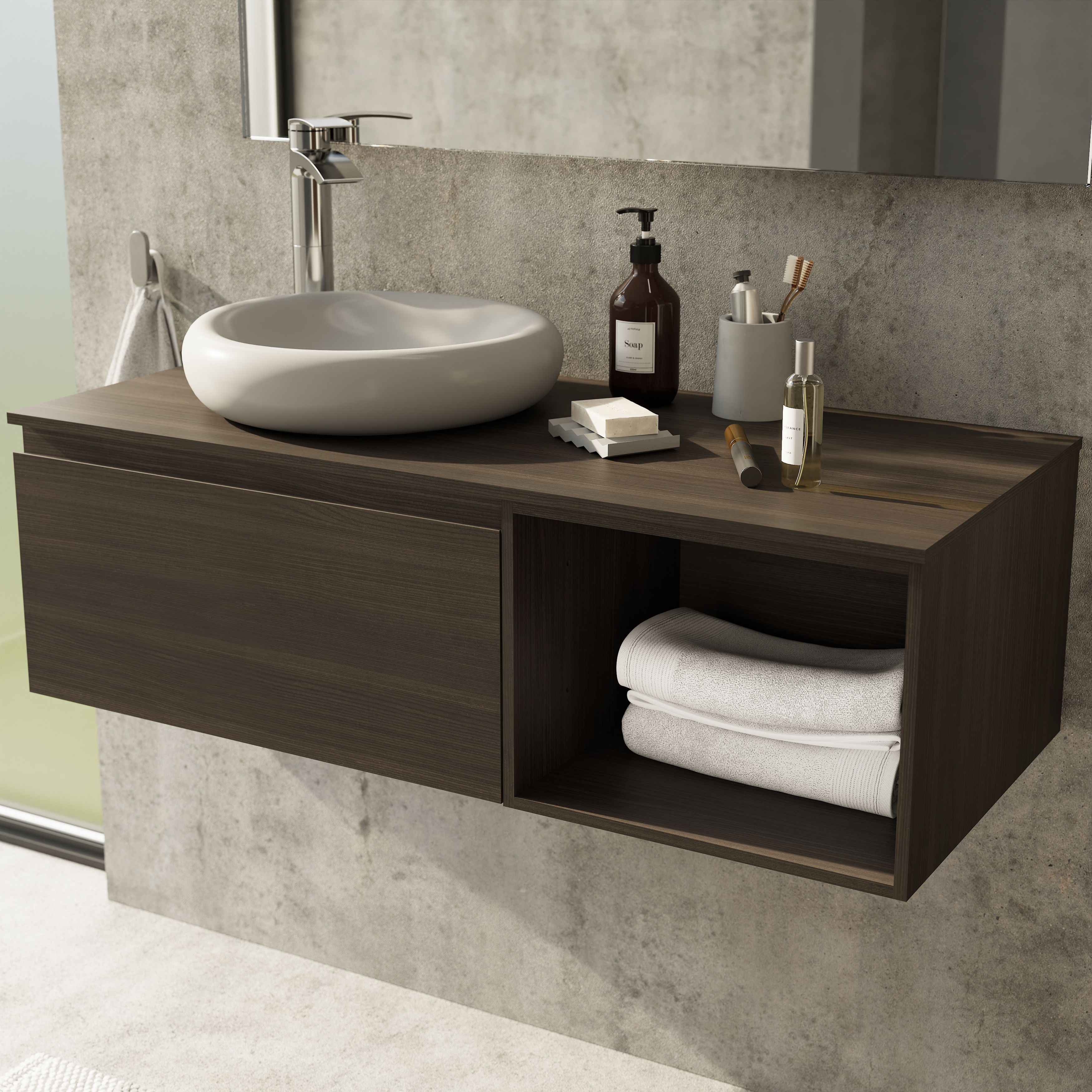 GoodHome Kentia Walnut Veneer Bathroom Open cabinet (H)30cm (W)40cm