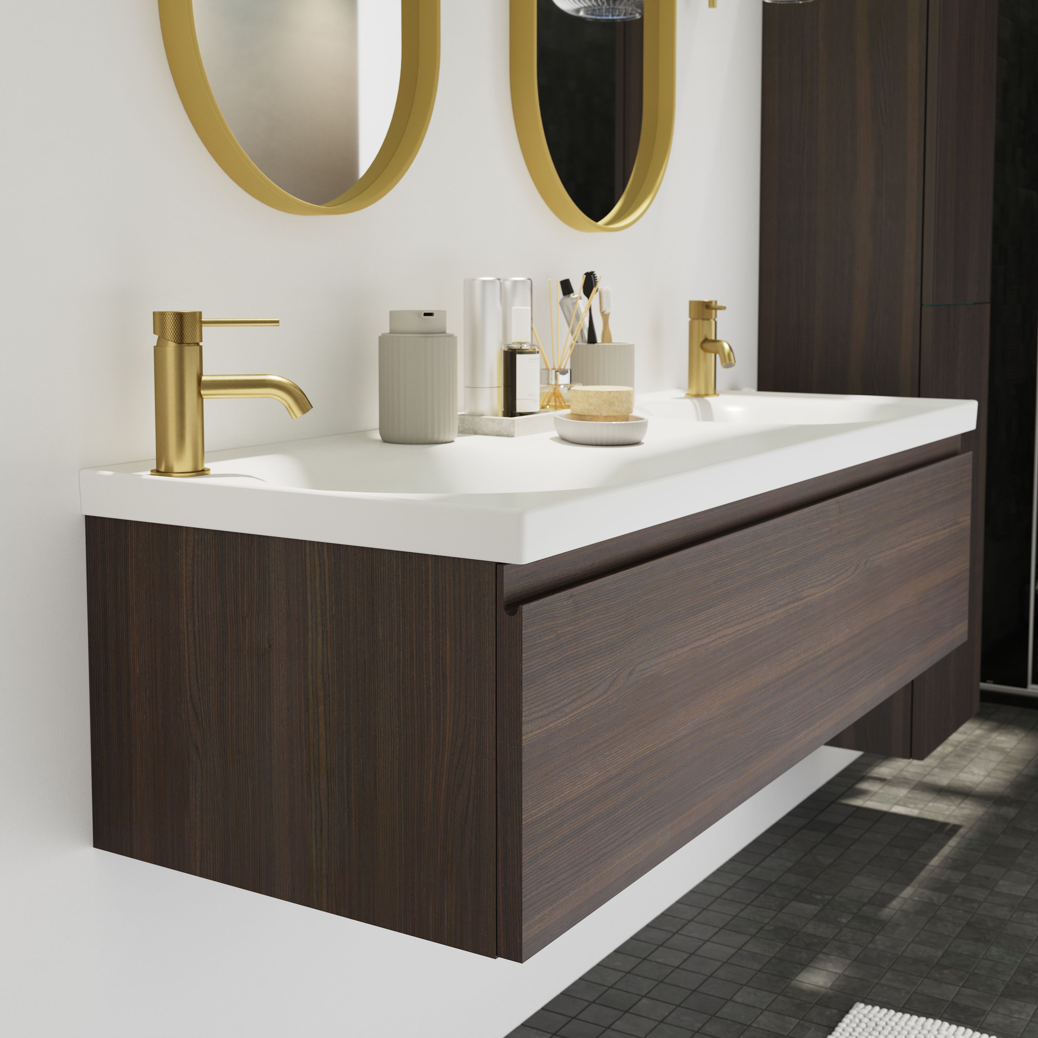GoodHome Kentia Walnut Veneer Wall-mounted Bathroom Cabinet (H)30cm (W)120cm
