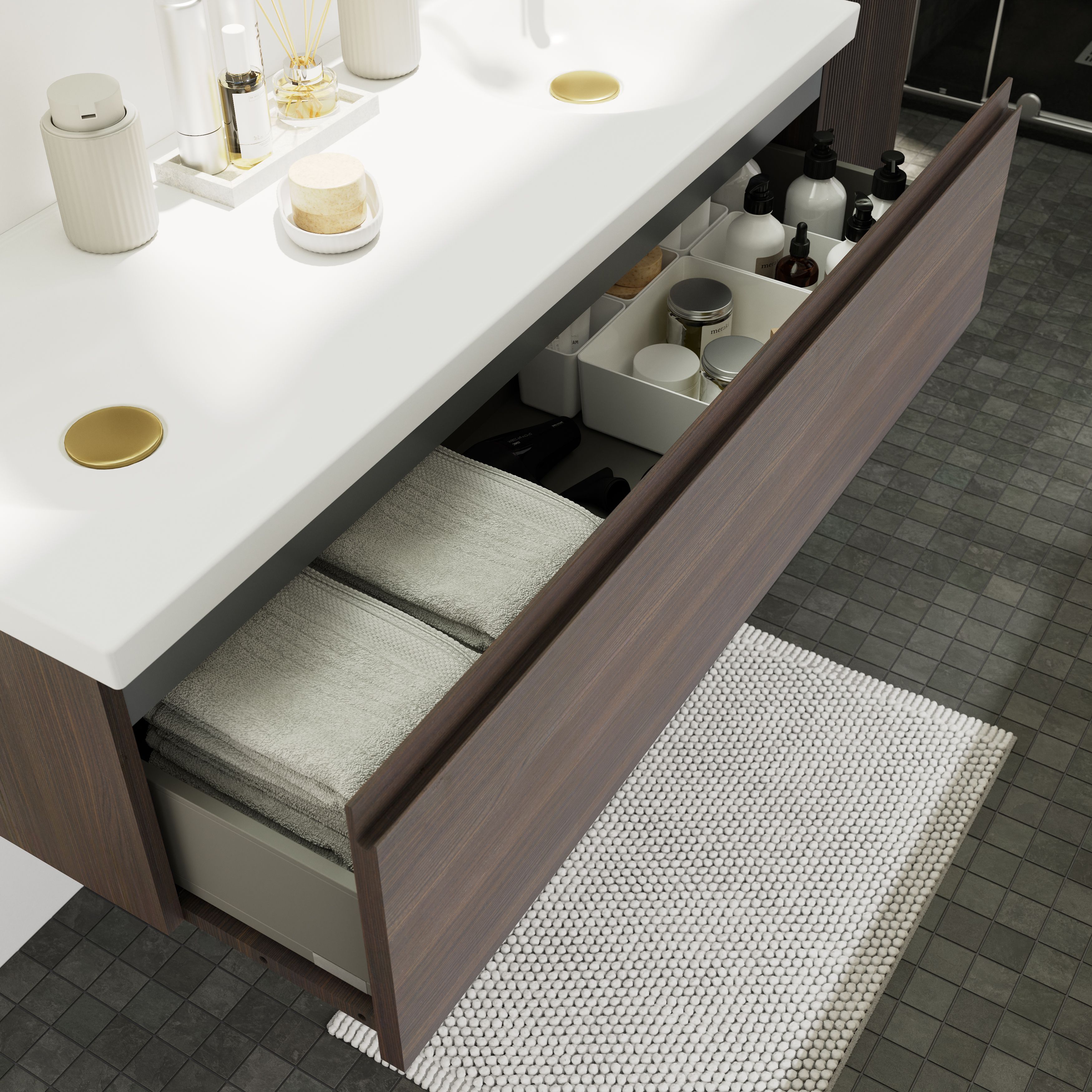 GoodHome Kentia Walnut Veneer Wall-mounted Bathroom Cabinet (H)30cm (W)120cm