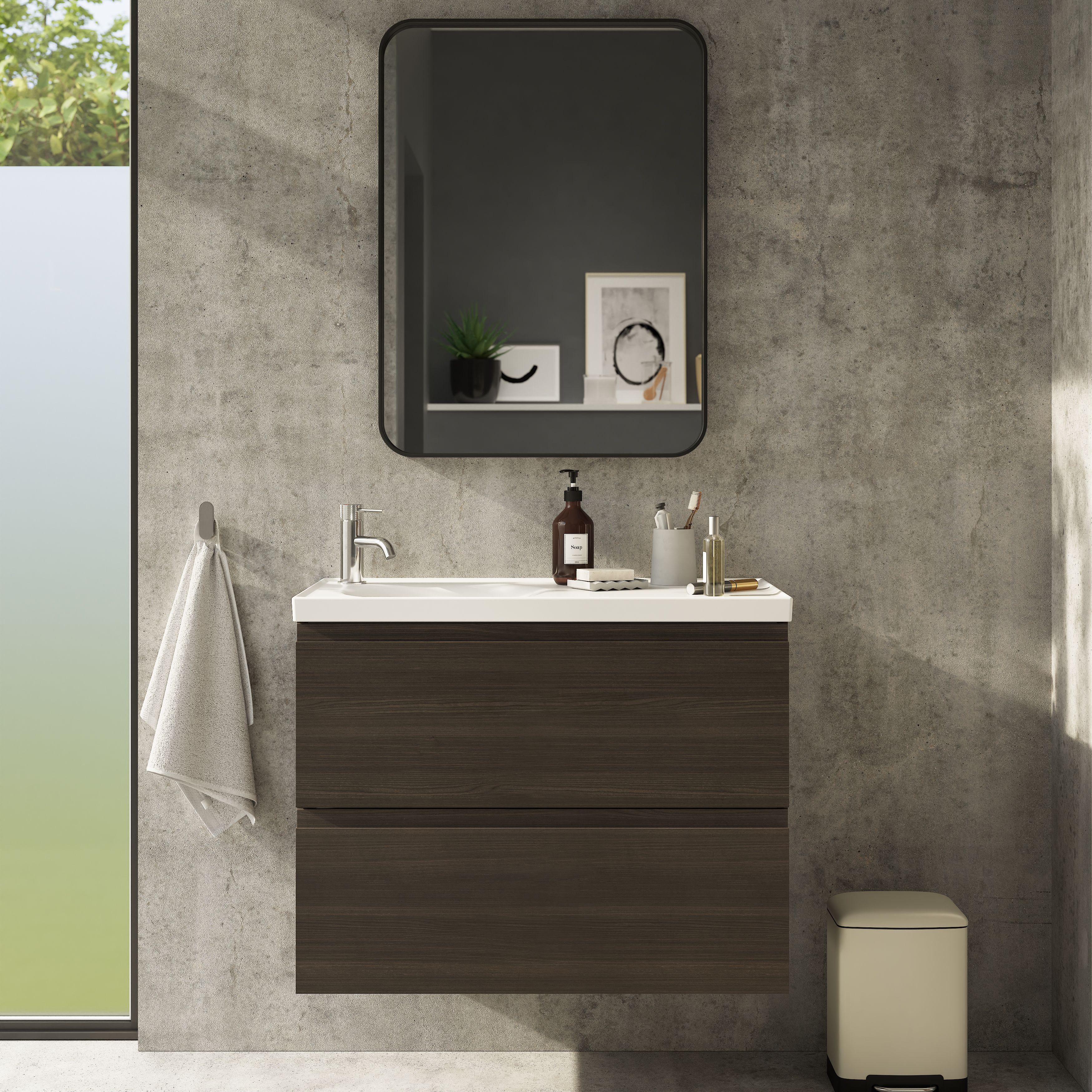 GoodHome Kentia Walnut Veneer Wall-mounted Bathroom Cabinet (H)60cm (W)80cm