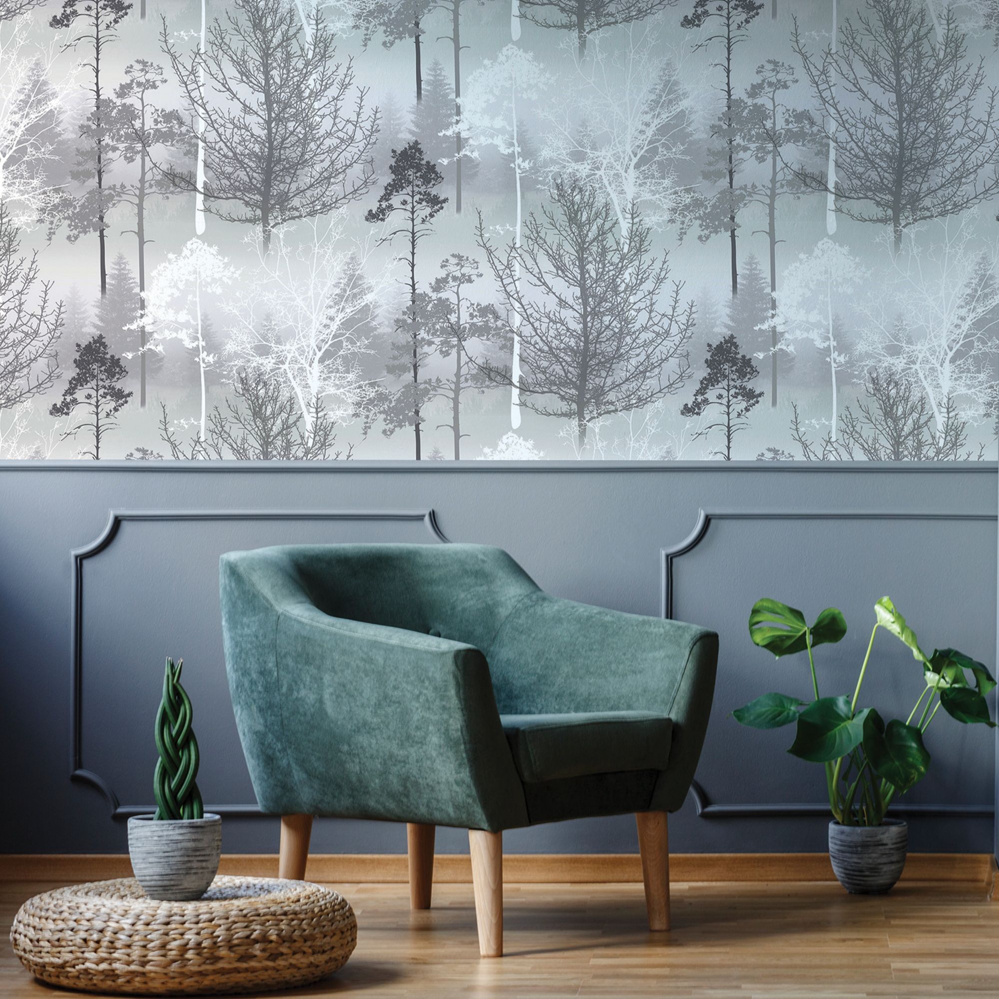 GoodHome Kitley Black & grey Metallic effect Trees Smooth Wallpaper