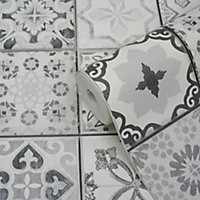 GoodHome Laleu Grey Cement tile effect Textured Wallpaper