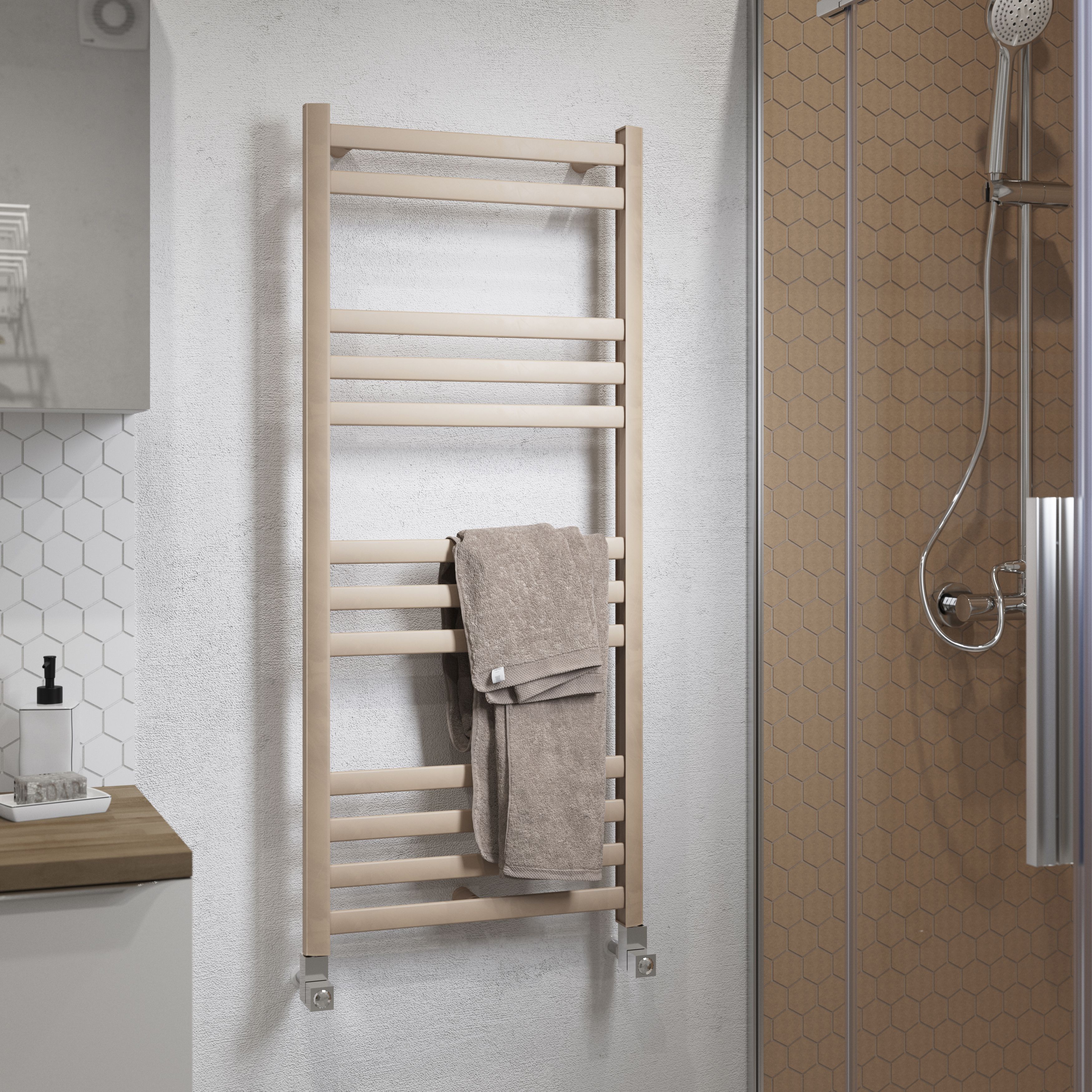 GoodHome Lansing, Beige Vertical Curved Towel radiator (W)475mm x (H)1100mm