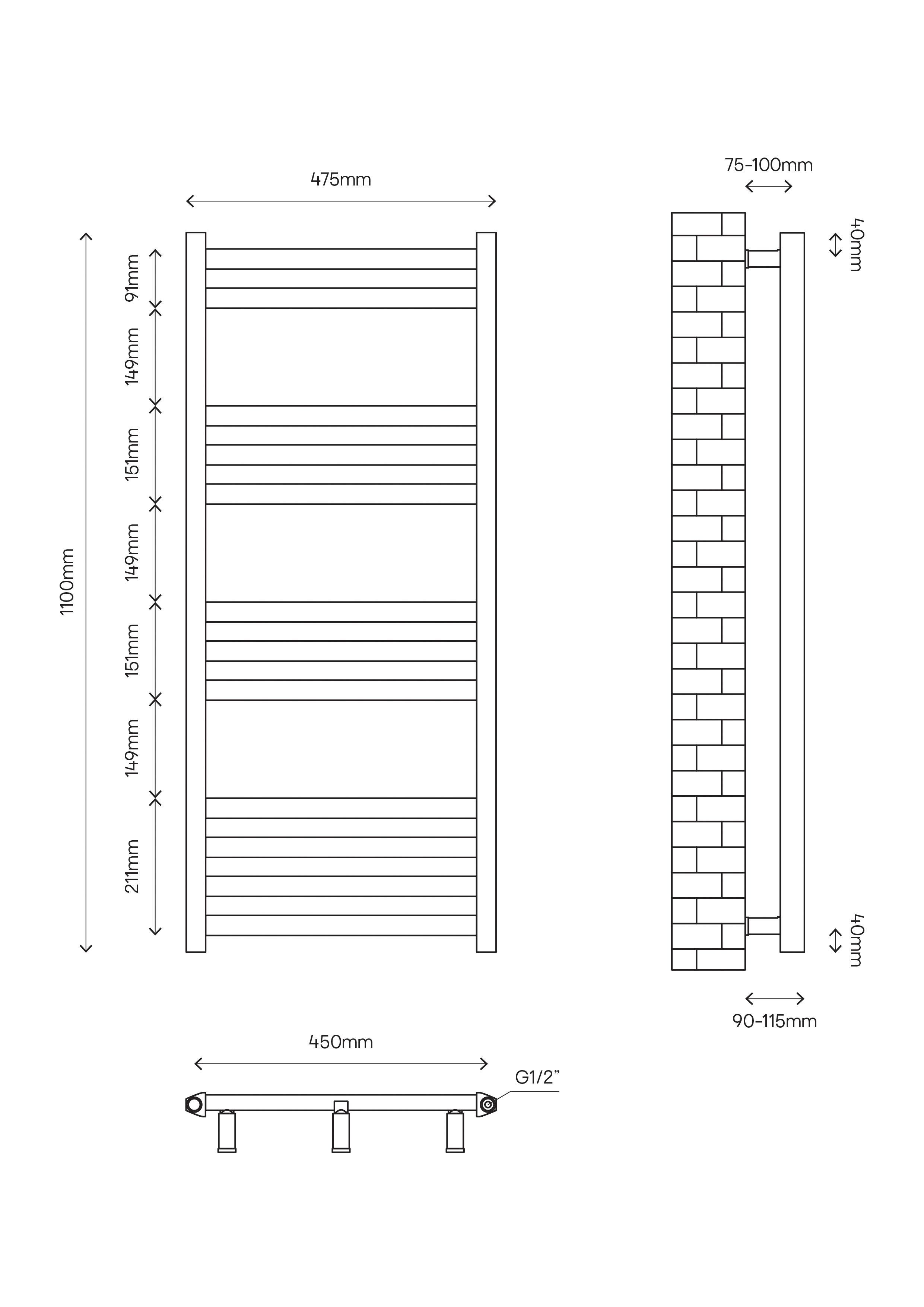 GoodHome Lansing, White Vertical Curved Towel radiator (W)475mm x (H)1100mm