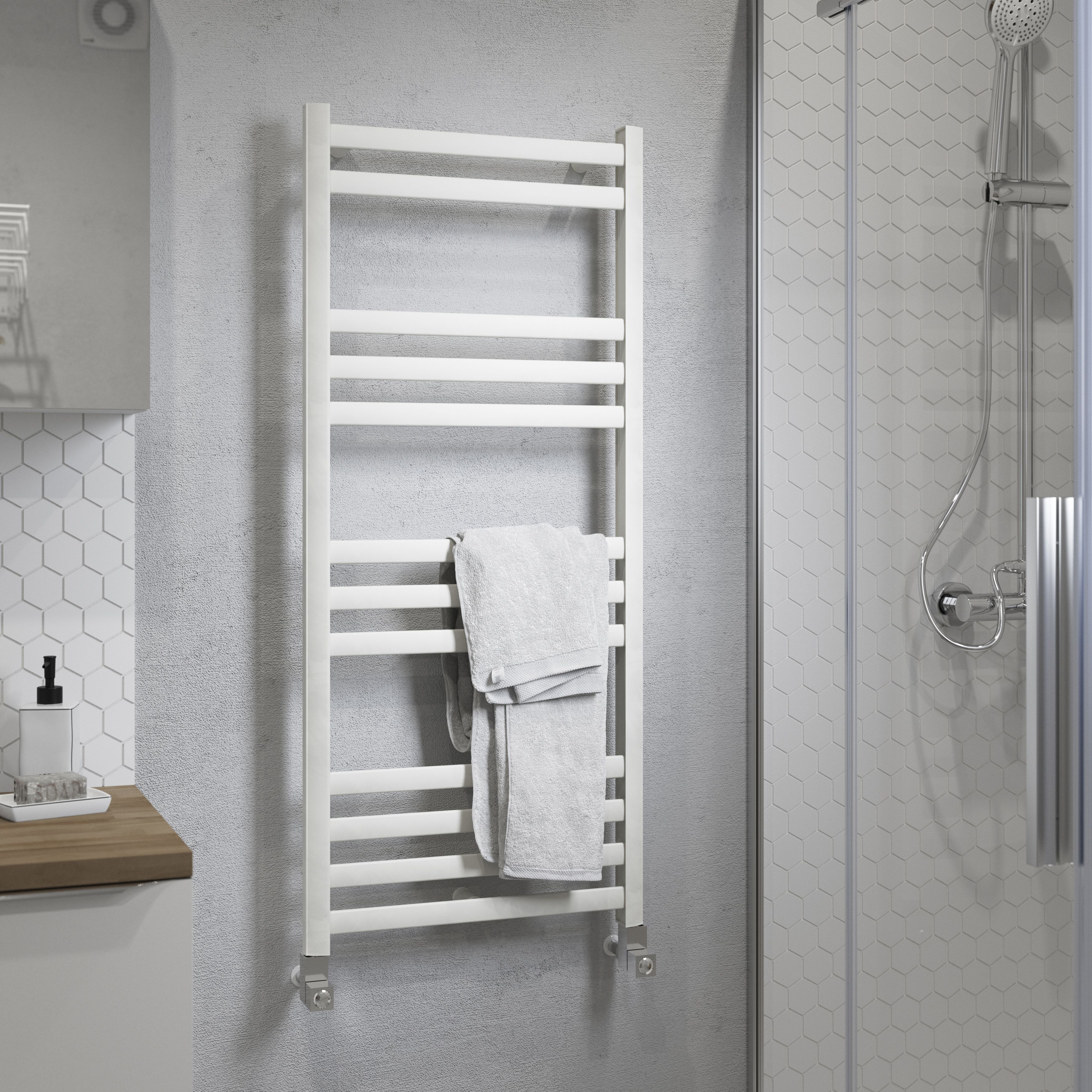 GoodHome Lansing, White Vertical Curved Towel radiator (W)475mm x (H)1100mm