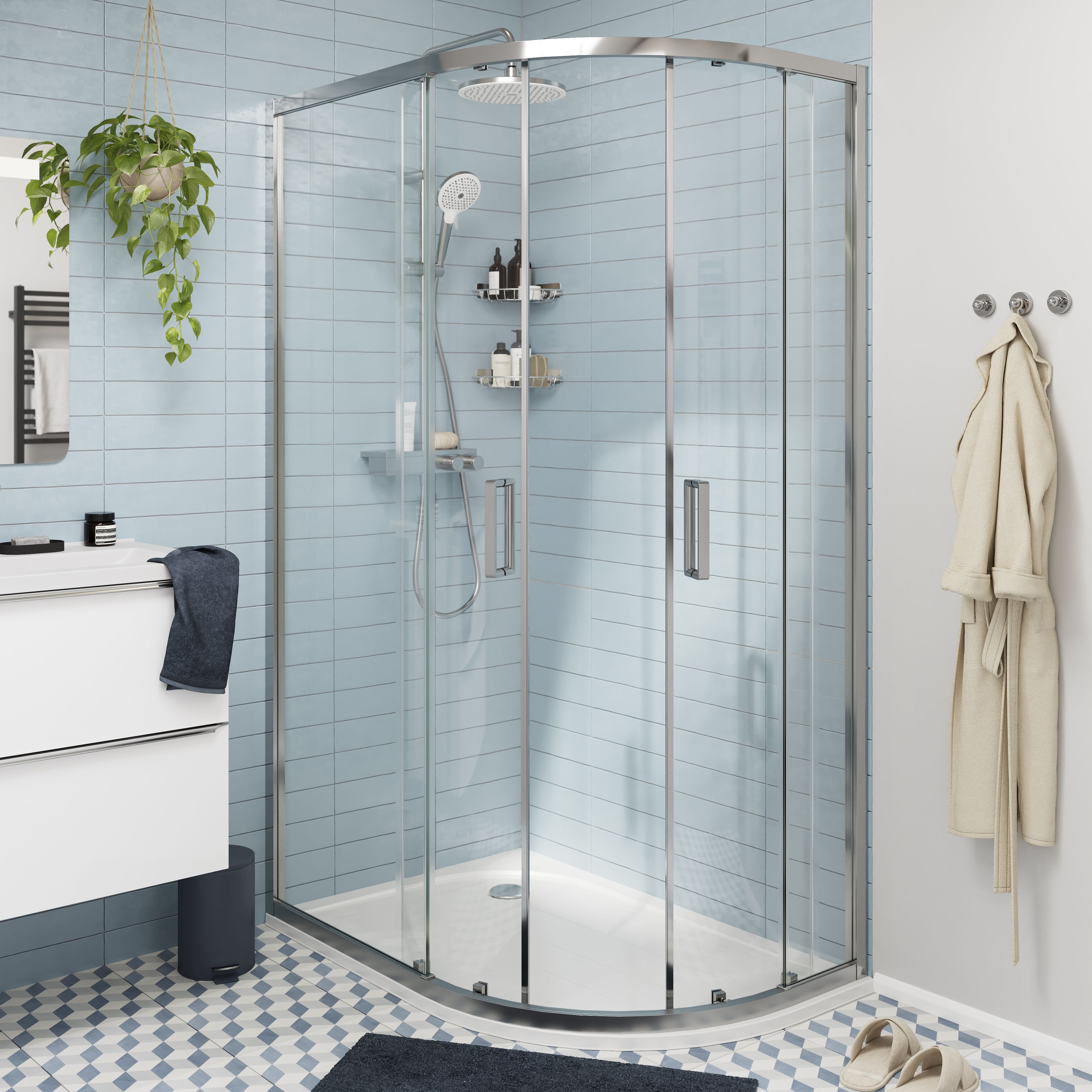 GoodHome Ledava Chrome effect Clear Left-handed Offset quadrant Shower Enclosure & tray - Corner entry double sliding door (H)195cm (W)80cm (D)120cm