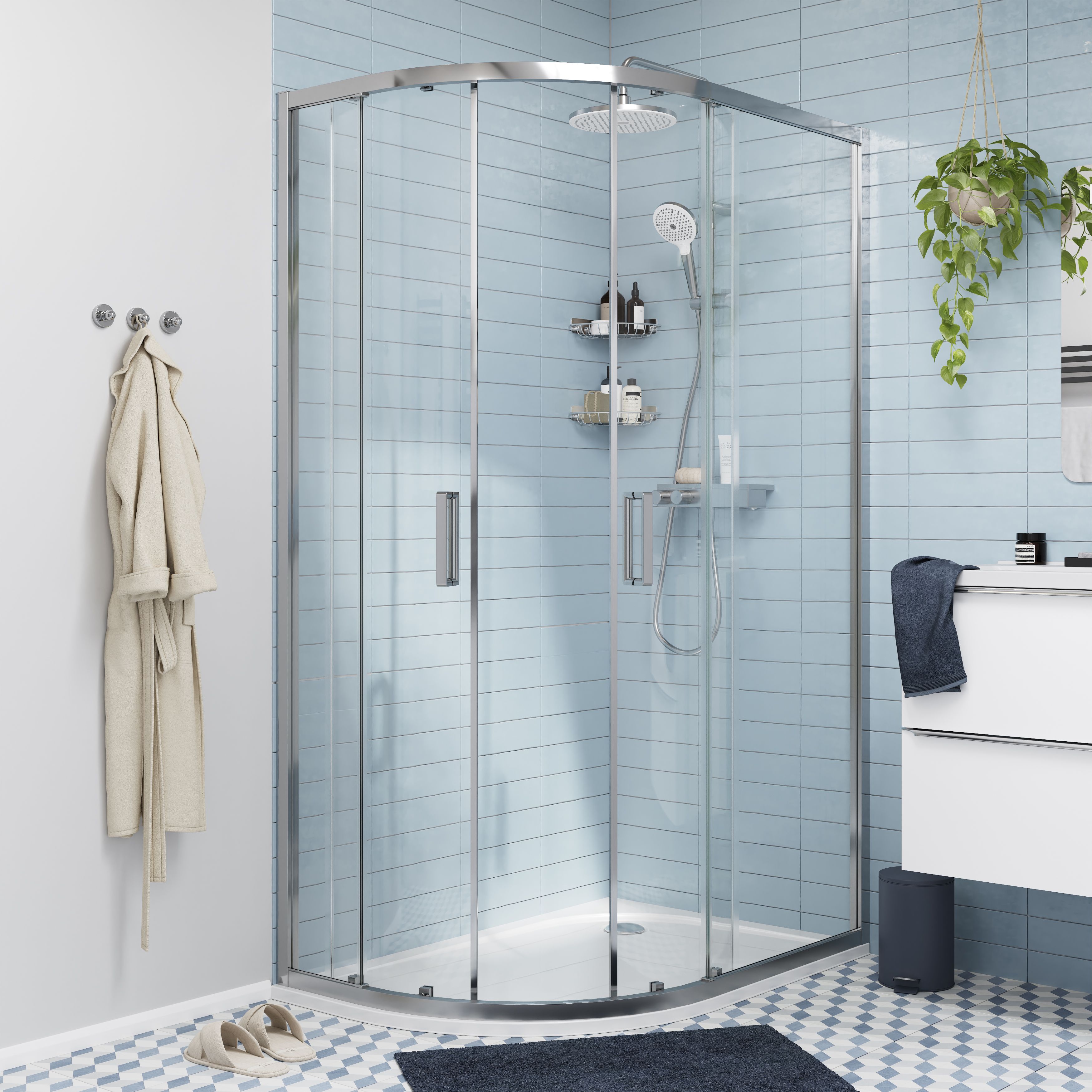 GoodHome Ledava Chrome effect Clear Right-handed Offset quadrant Shower Enclosure & tray - Corner entry double sliding door (H)195cm (W)80cm (D)120cm