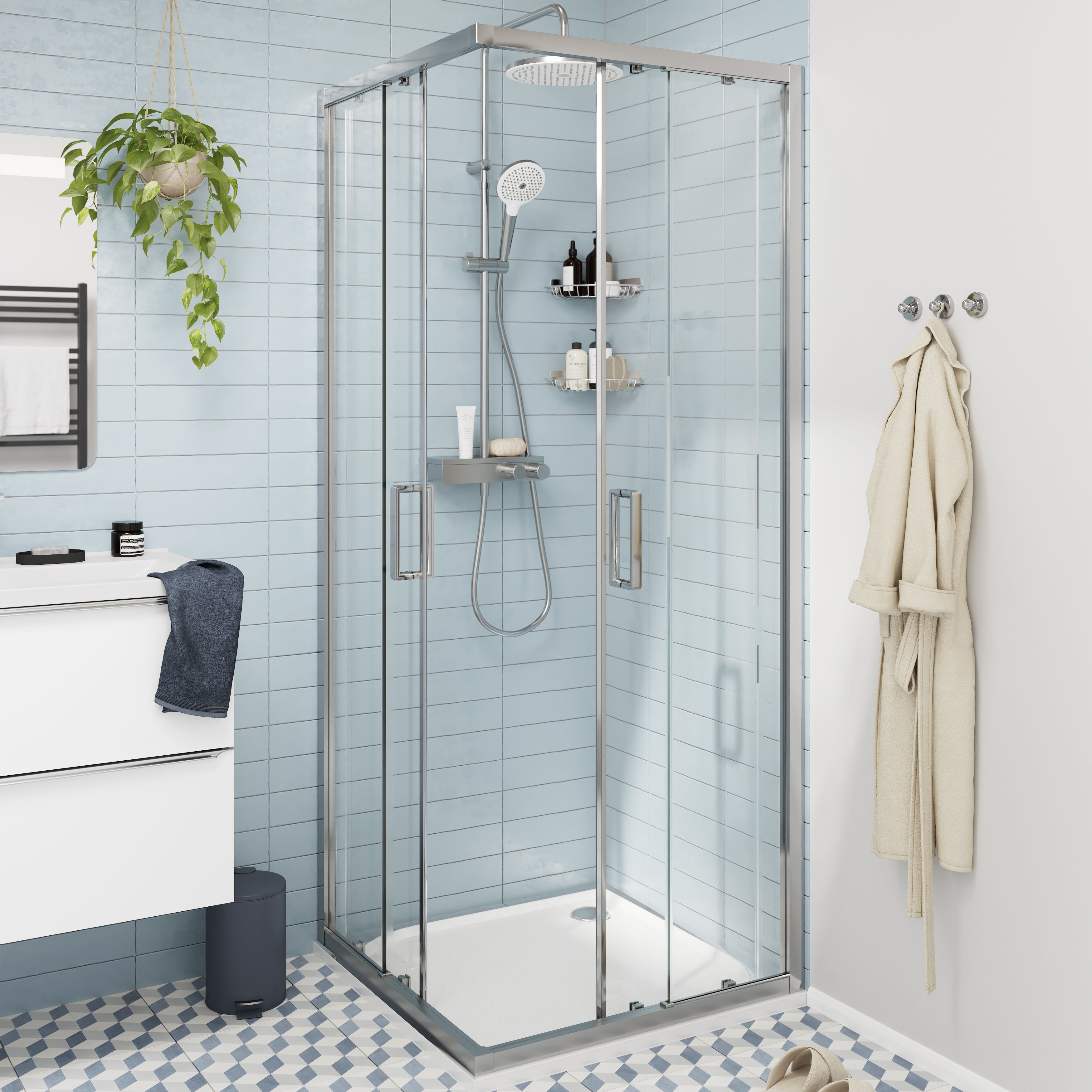 GoodHome Ledava Clear glass Chrome effect Square Shower enclosure - Corner entry double sliding door (W)76cm (D)76cm