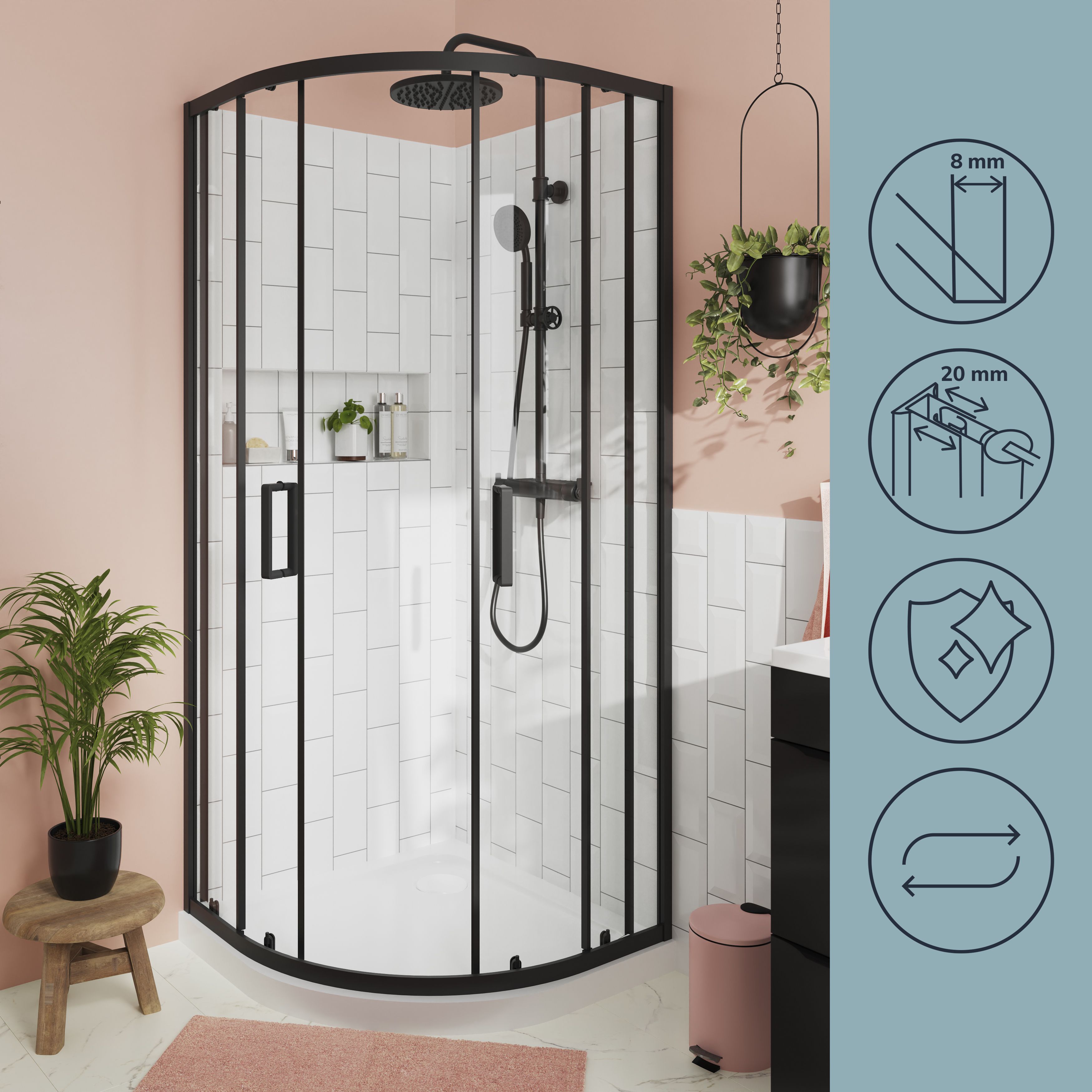 GoodHome Ledava Clear glass Quadrant Shower enclosure - Corner entry double sliding door (W)90cm (D)90cm