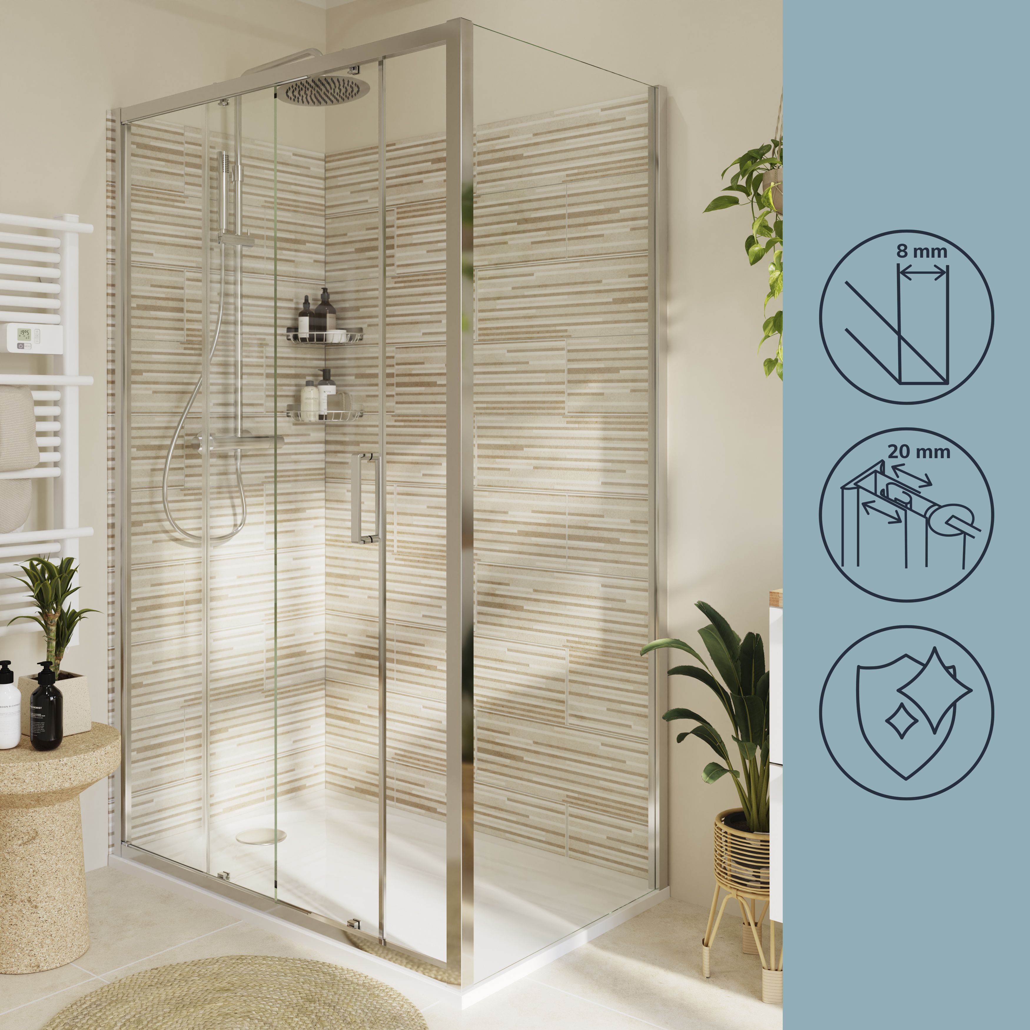 GoodHome Ledava Gloss Chrome Clear Fixed Side End panel (H)195cm (W)76cm