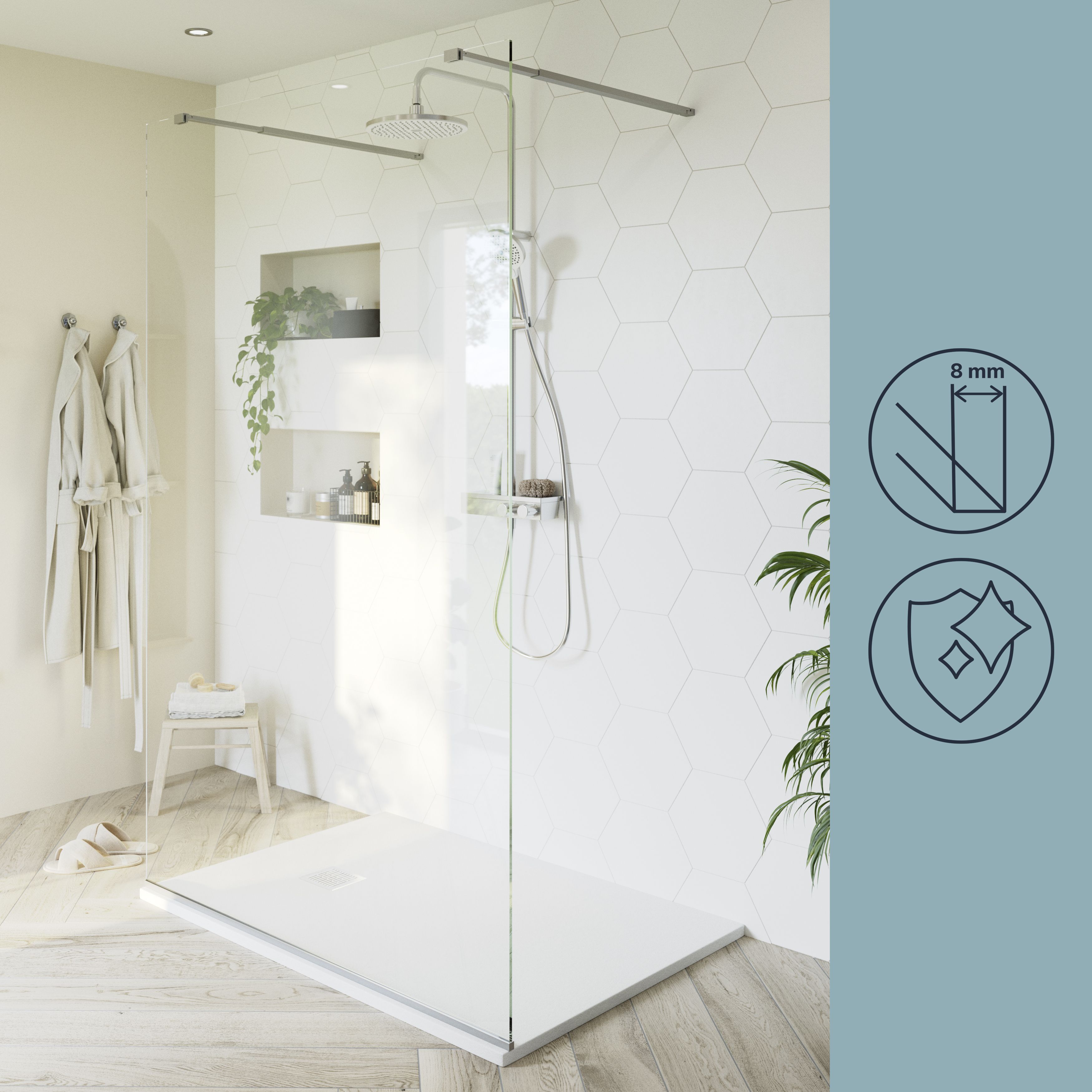 GoodHome Ledava Gloss Chrome Clear Fixed Walk-in Front Walk-in shower panel (H)195cm (W)120cm