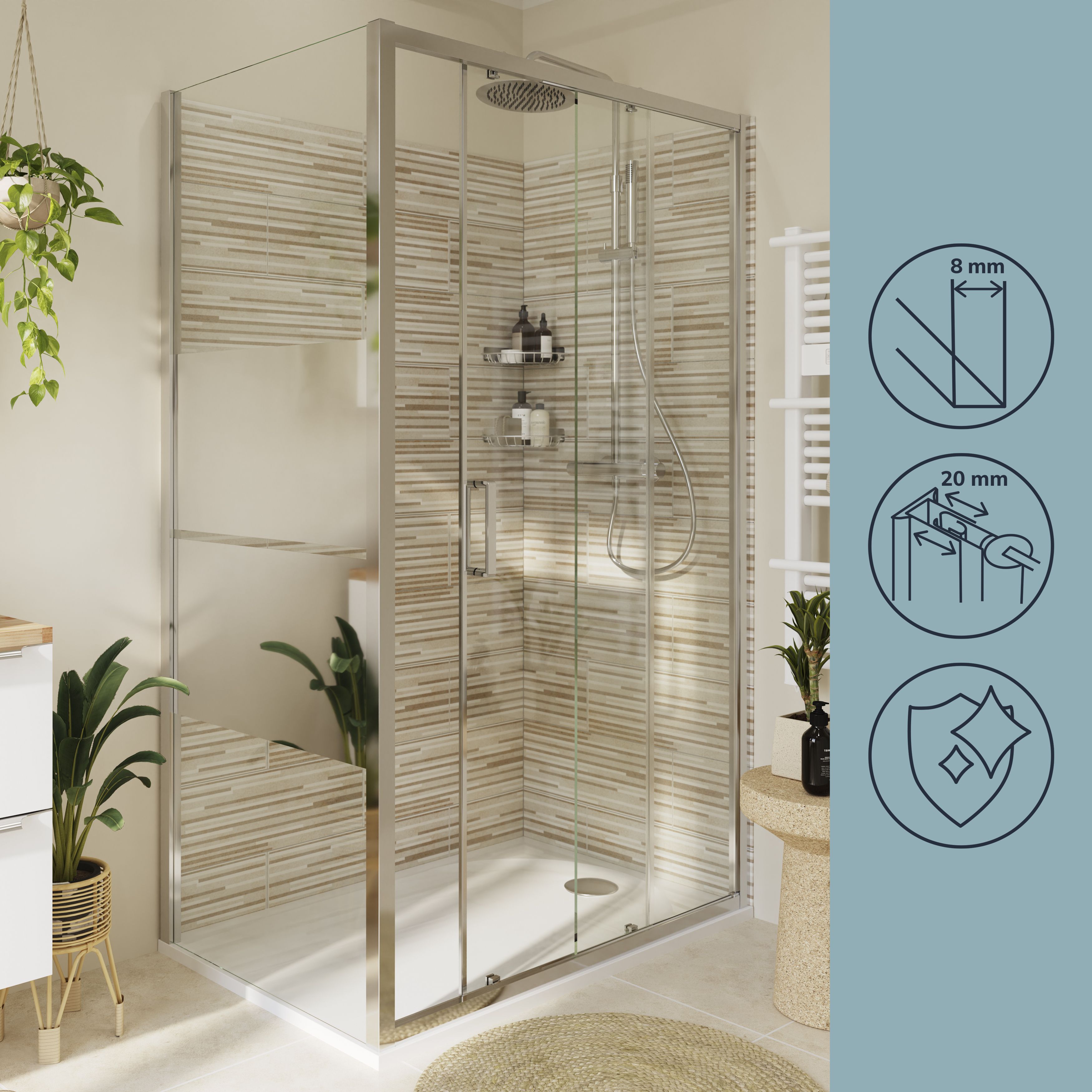 GoodHome Ledava Gloss Chrome Mirror Fixed Side End panel (H)195cm (W)76cm