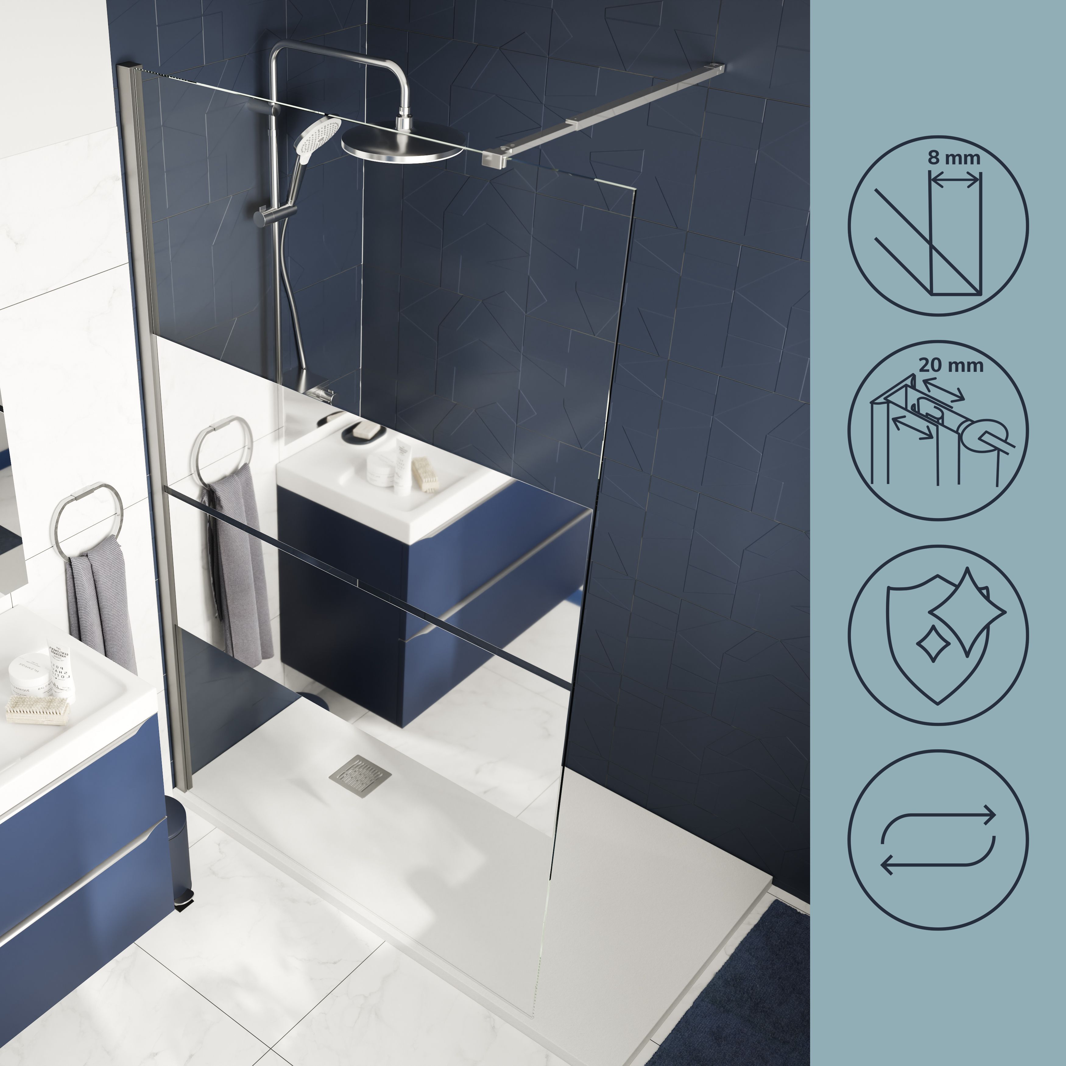 GoodHome Ledava Gloss Chrome Mirror Fixed Walk-in Front Walk-in shower panel (H)195cm (W)120cm