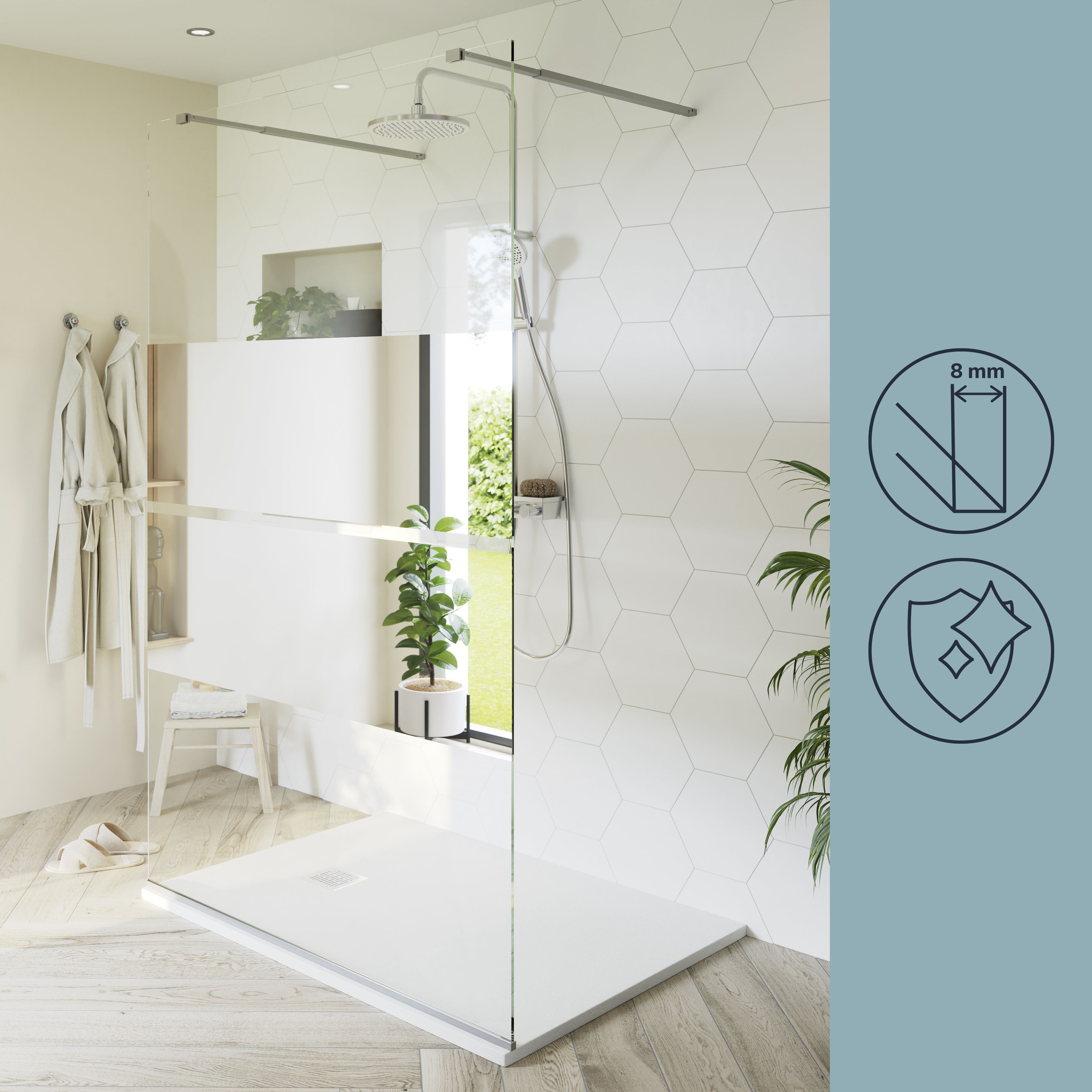 GoodHome Ledava Gloss Chrome Mirror Fixed Walk-in Front Walk-in shower panel (H)195cm (W)140cm