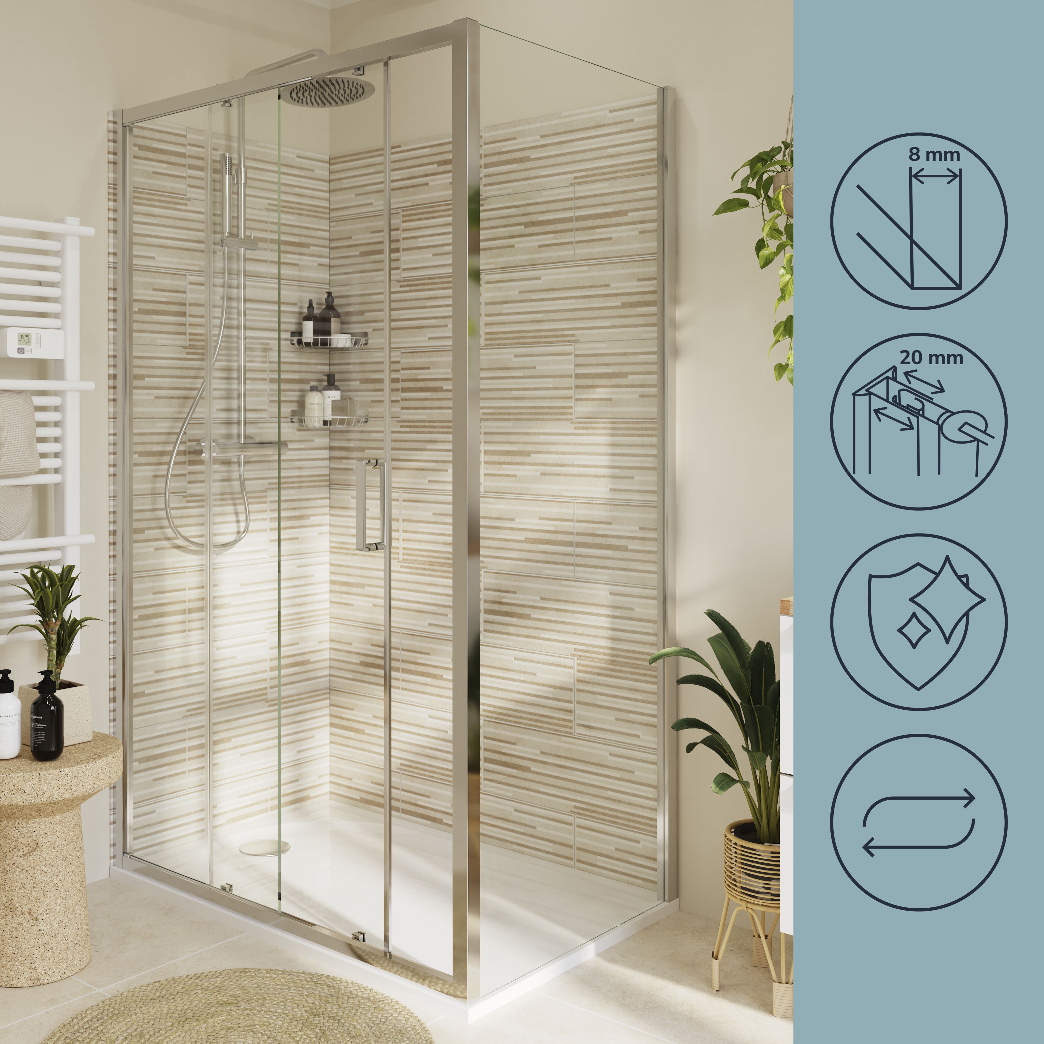 GoodHome Ledava Gloss Clear Fixed Side End panel (H)195cm (W)70cm