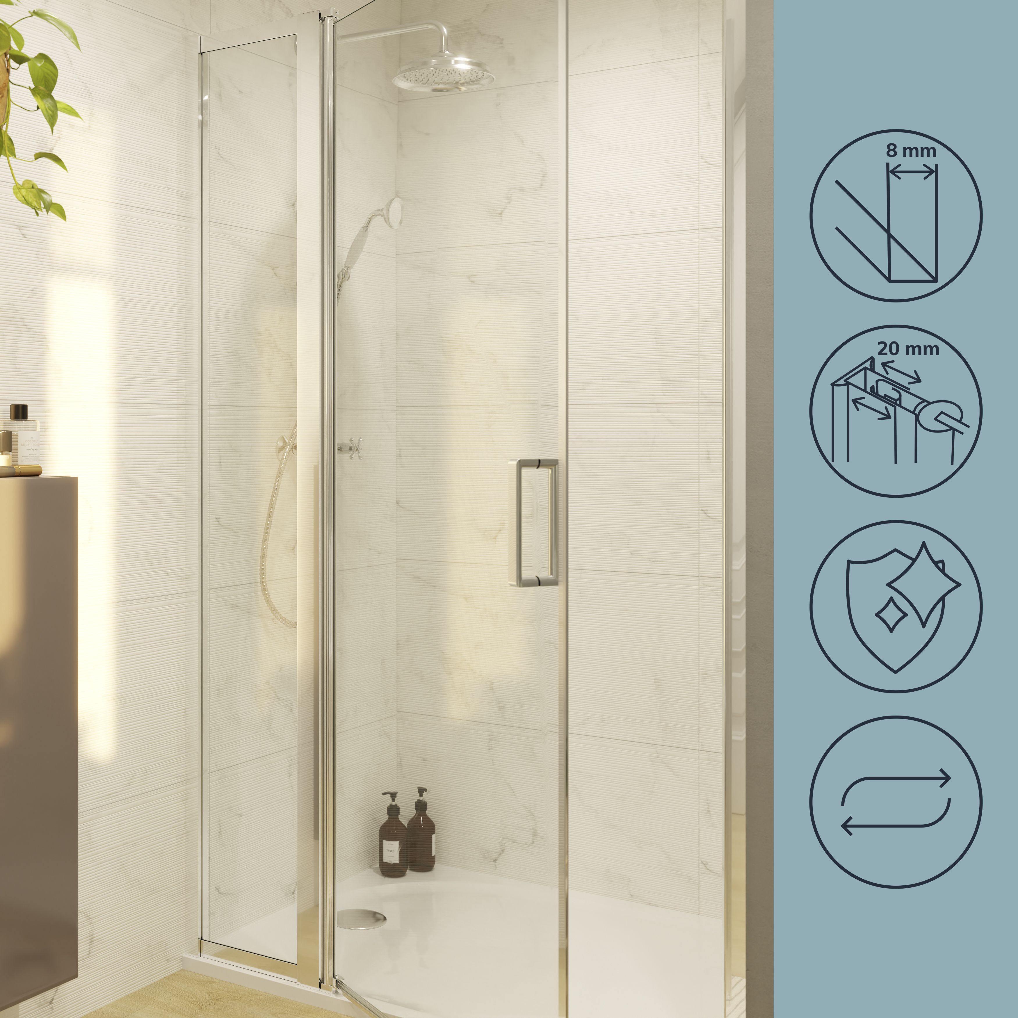 GoodHome Ledava Gloss Clear Fixed Side Shower panel (H)195cm (W)40cm