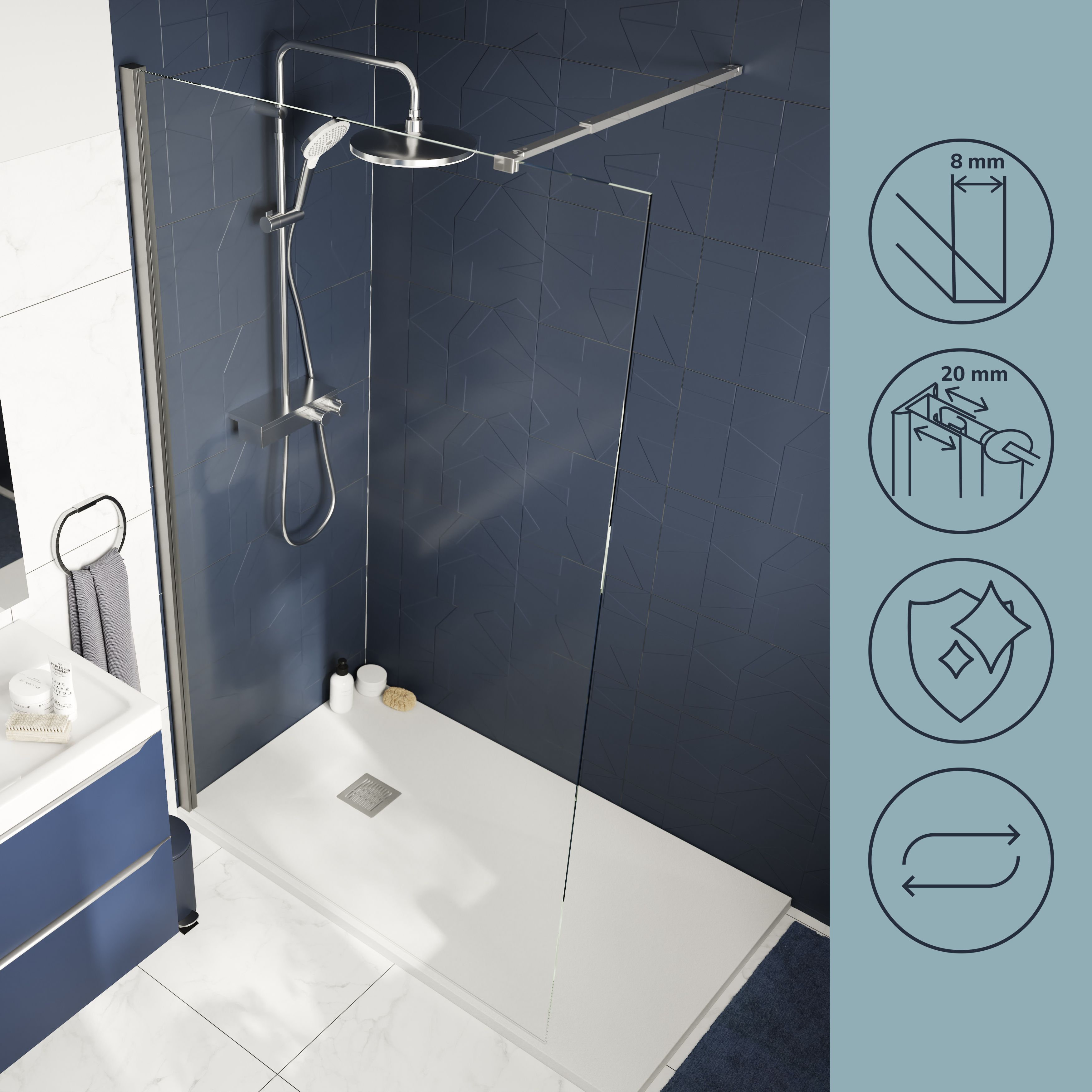 GoodHome Ledava Gloss Clear Fixed Walk-in Front Walk-in shower panel (H)195cm (W)70cm
