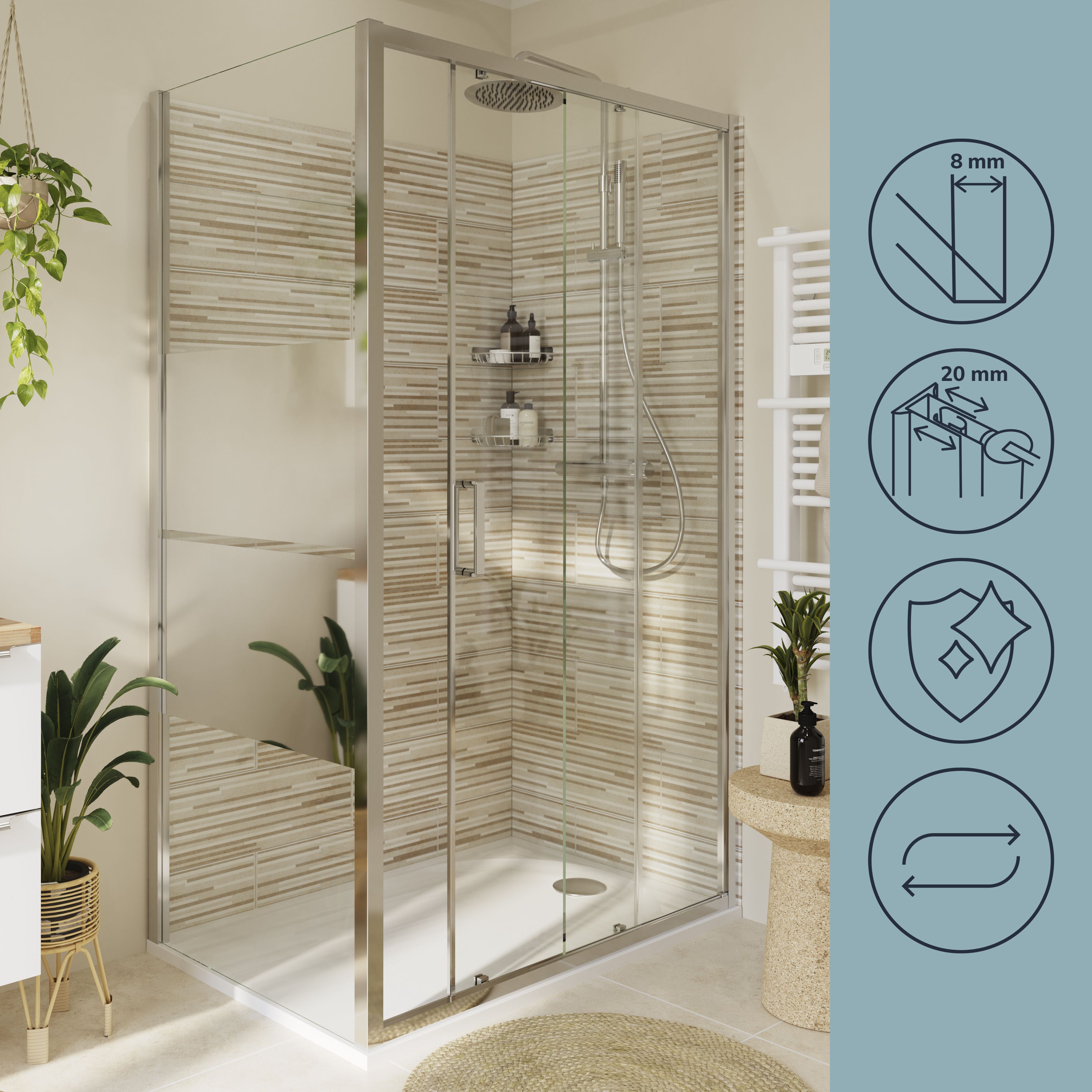 GoodHome Ledava Gloss Mirror Fixed Side End panel (H)195cm (W)70cm