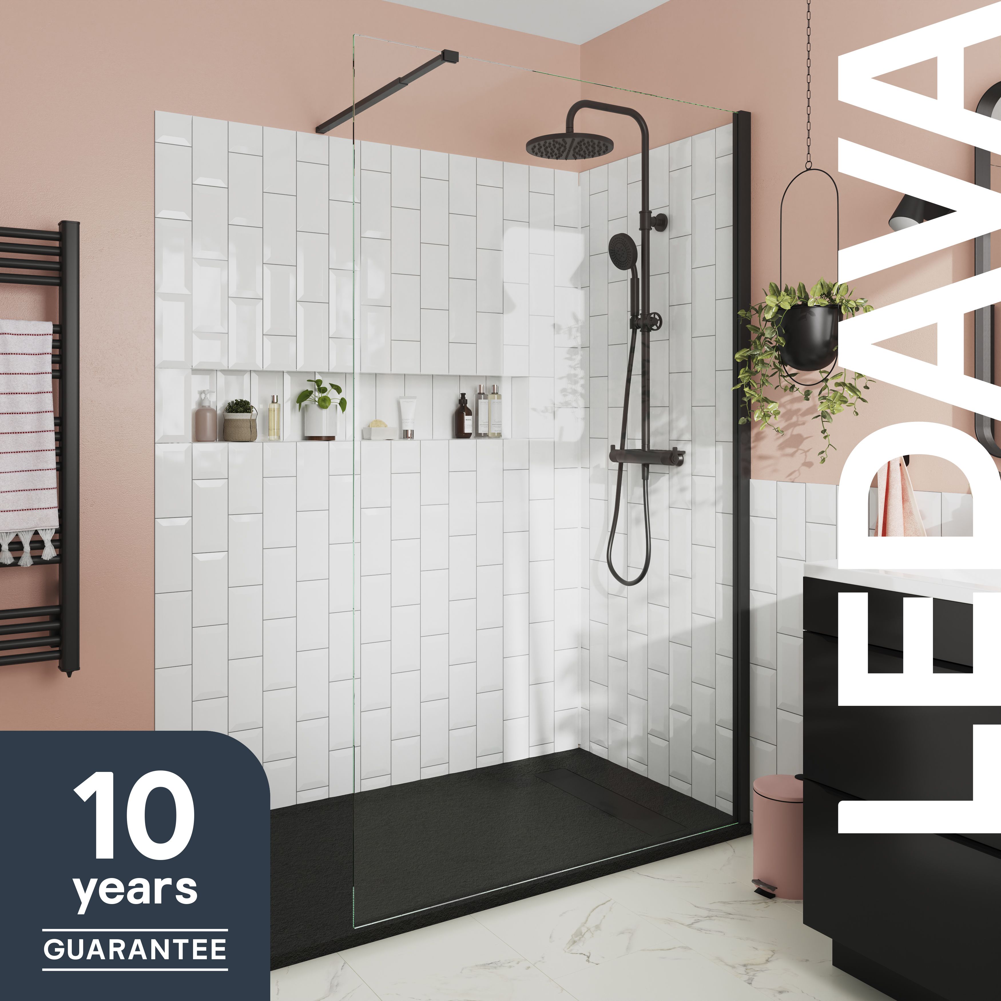 GoodHome Ledava Matt Black Clear Fixed Walk-in Front Walk-in shower panel (H)195cm (W)120cm