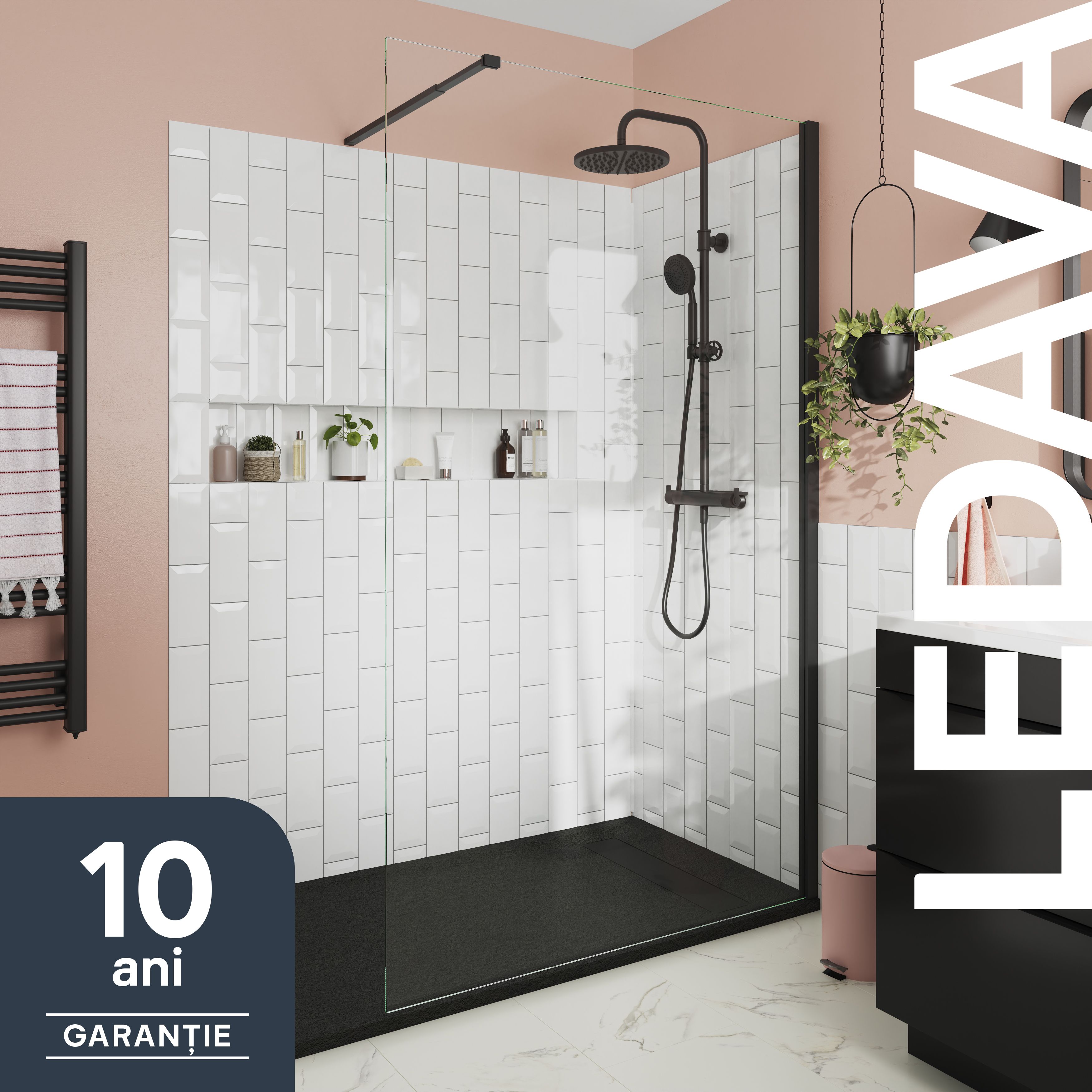 GoodHome Ledava Matt Black Clear Fixed Walk-in Front Walk-in shower panel (H)195cm (W)120cm