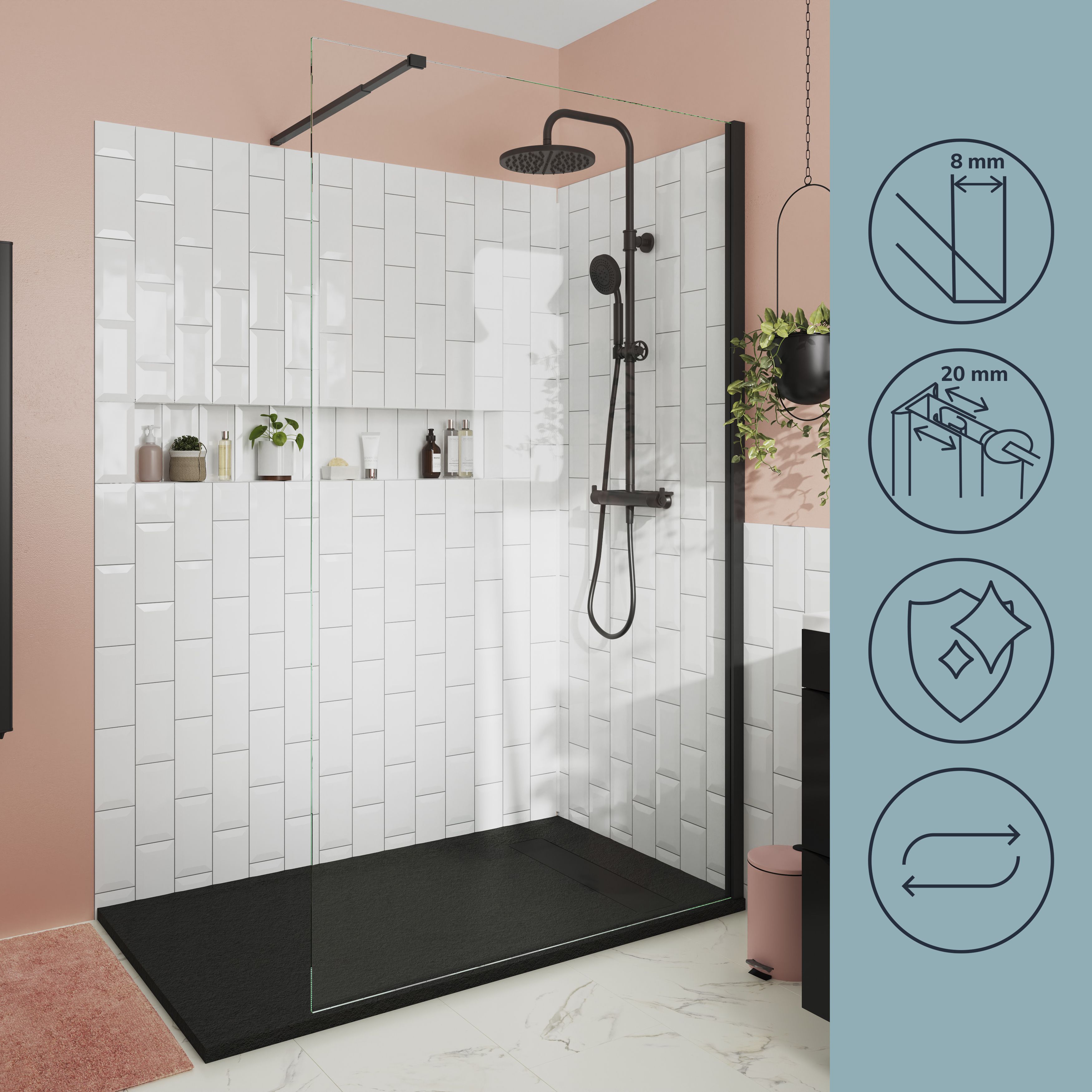 GoodHome Ledava Matt Black Clear Fixed Walk-in Front Walk-in shower panel (H)195cm (W)120cm