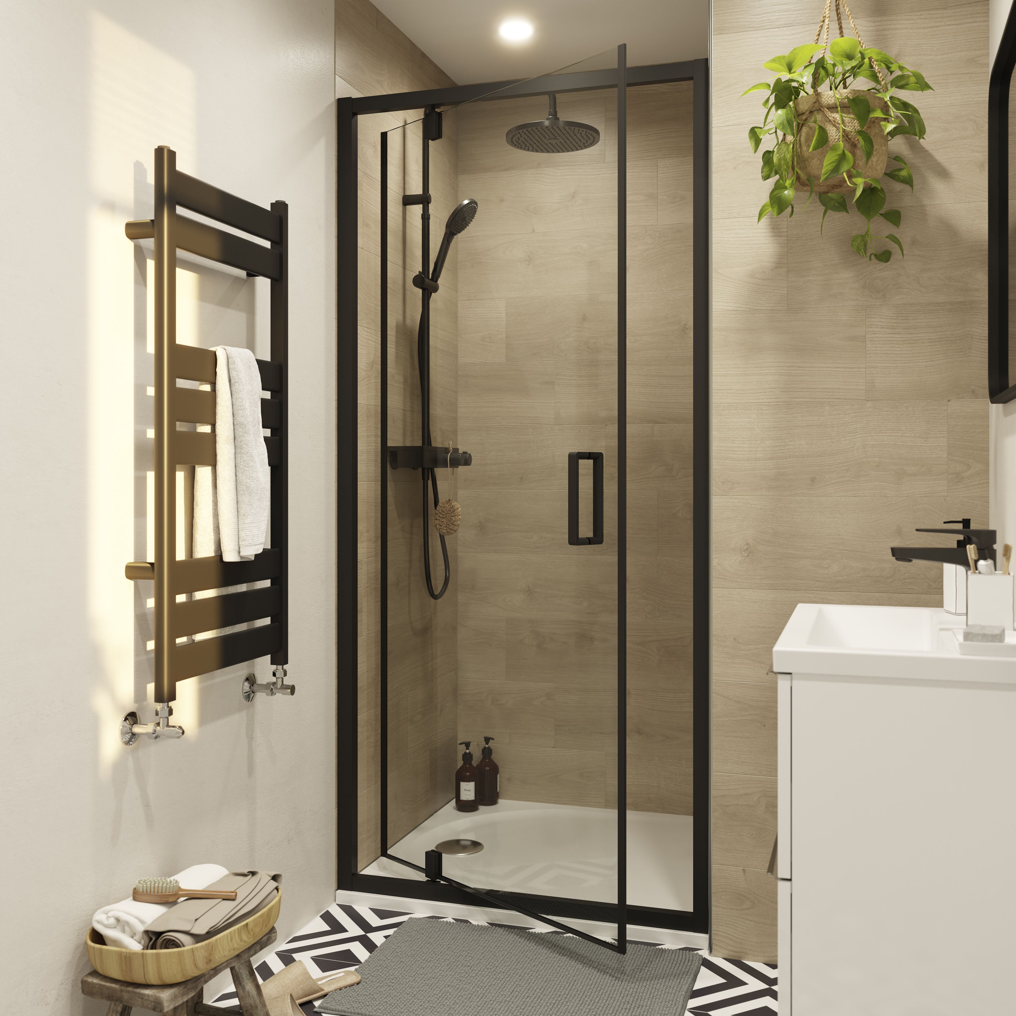 GoodHome Ledava Minimal frame Black Clear glass Half open pivot Shower Door (H)195cm (W)80cm