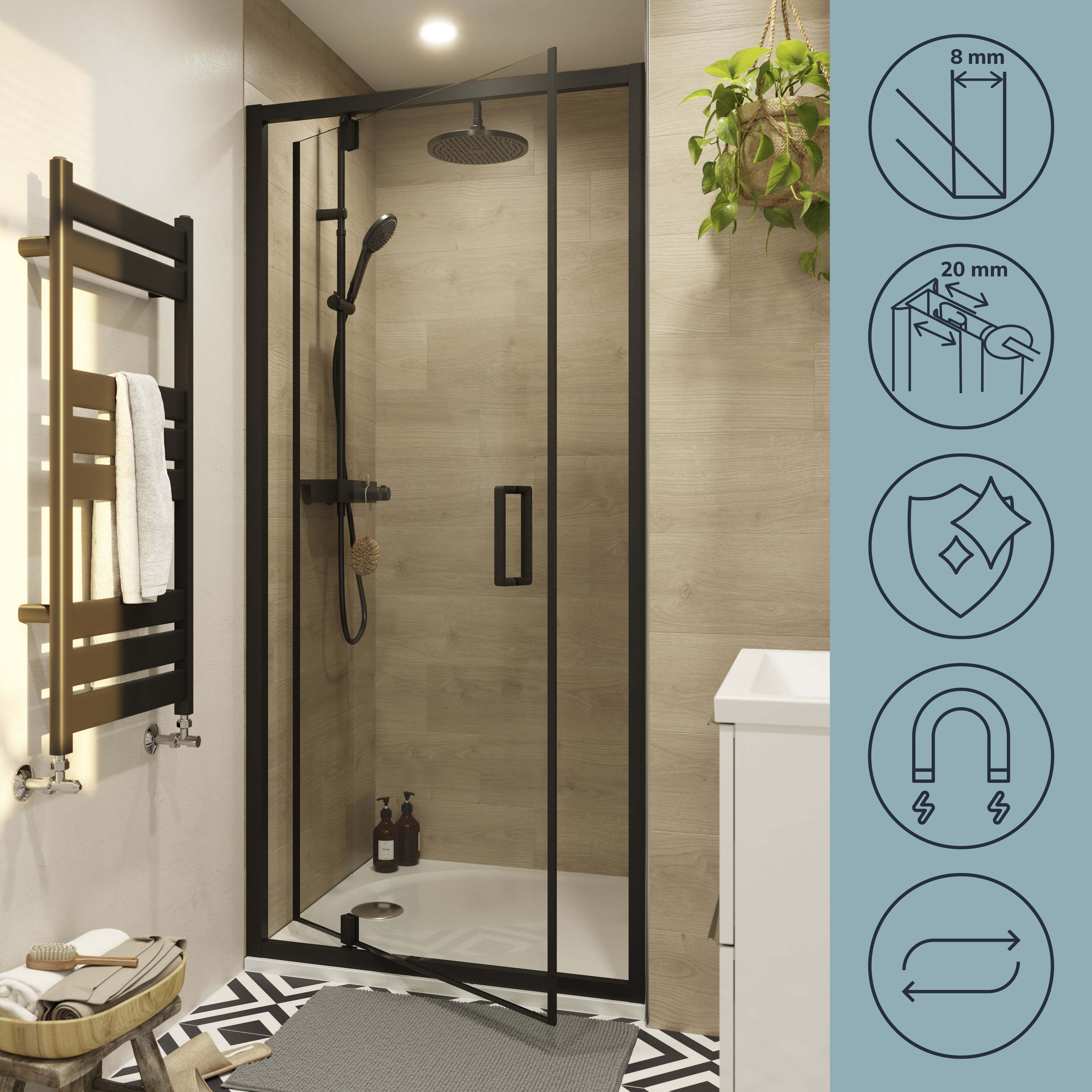 GoodHome Ledava Minimal frame Black Clear glass Half open pivot Shower Door (H)195cm (W)80cm