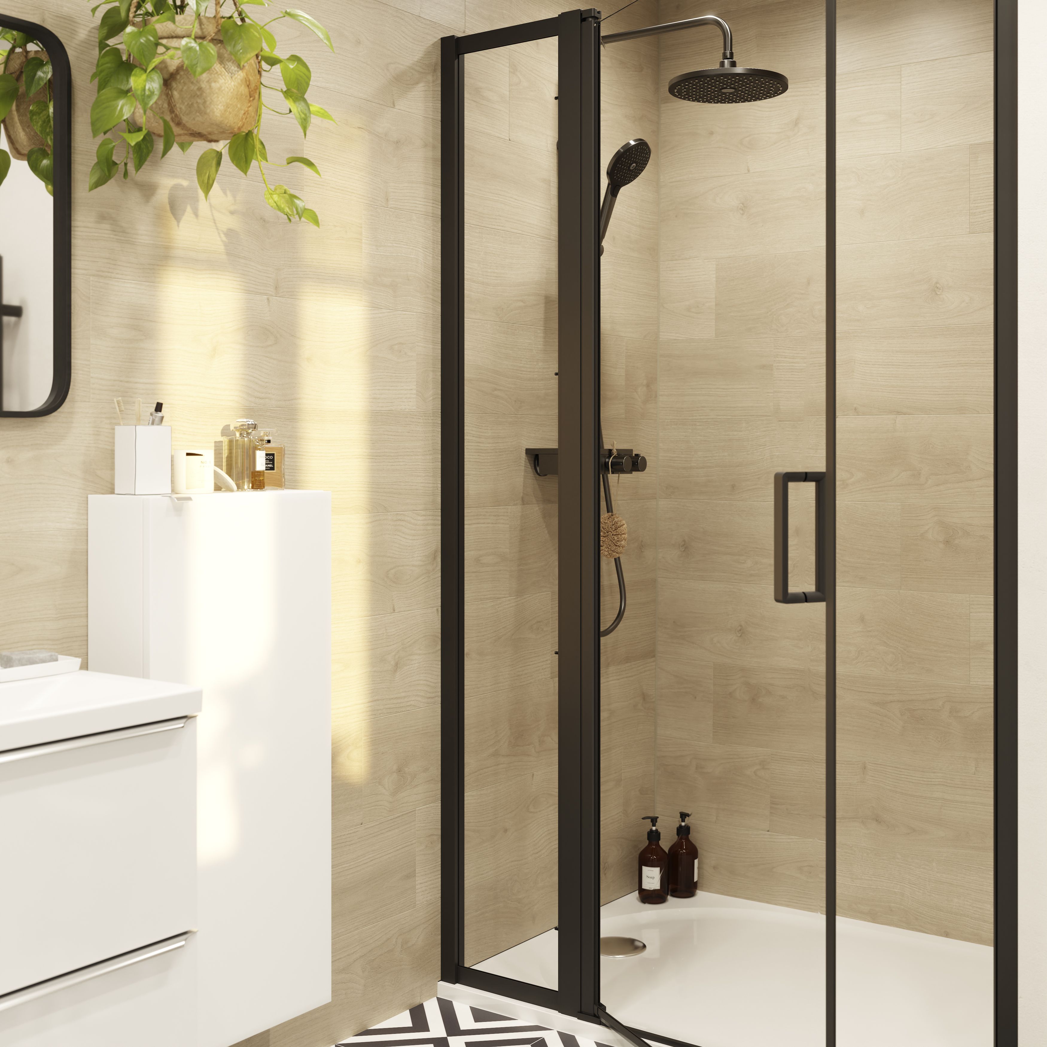 GoodHome Ledava Minimal frame Black Clear glass Pivot Shower Door (H)195cm (W)80cm