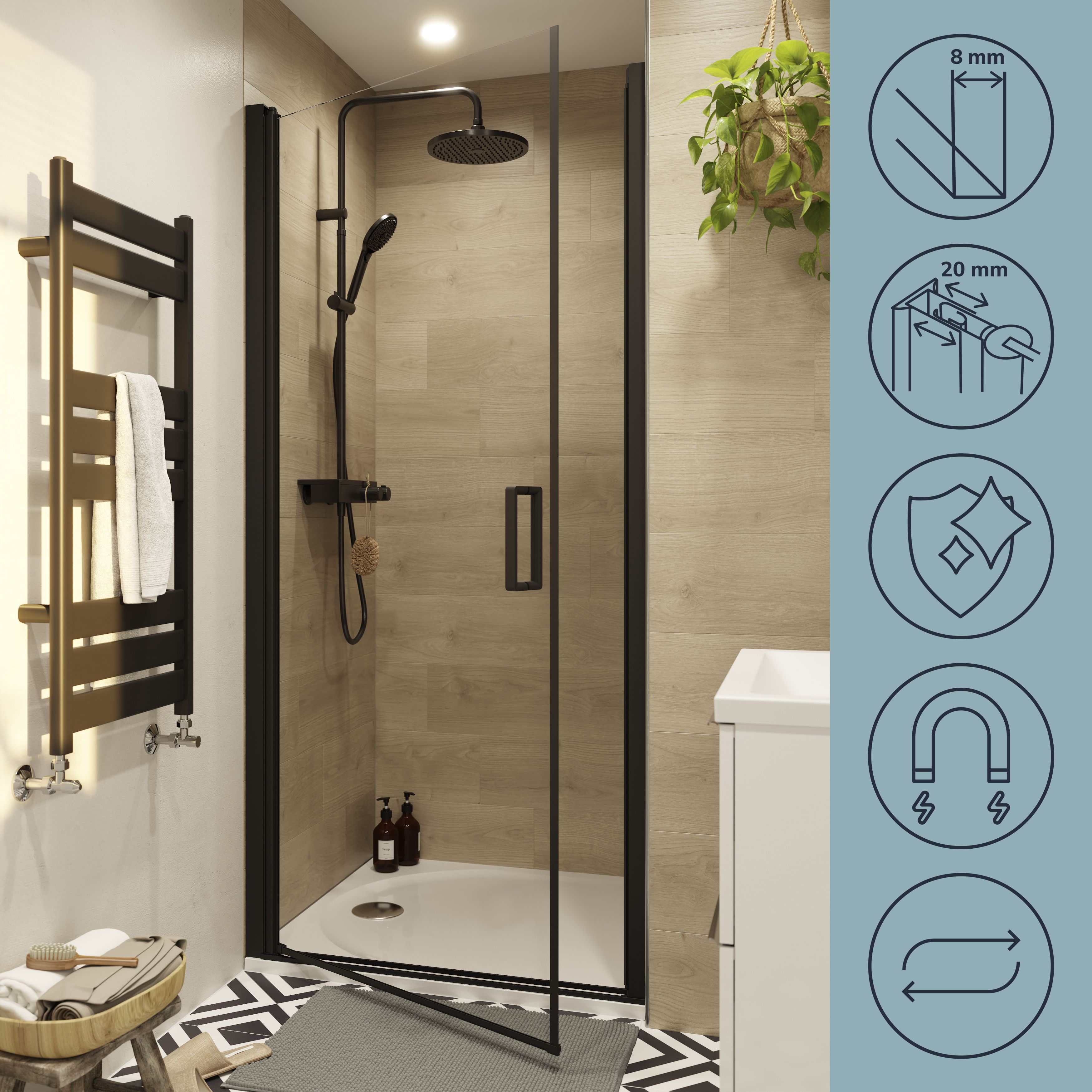 GoodHome Ledava Minimal frame Black Clear glass Pivot Shower Door (H)195cm (W)80cm