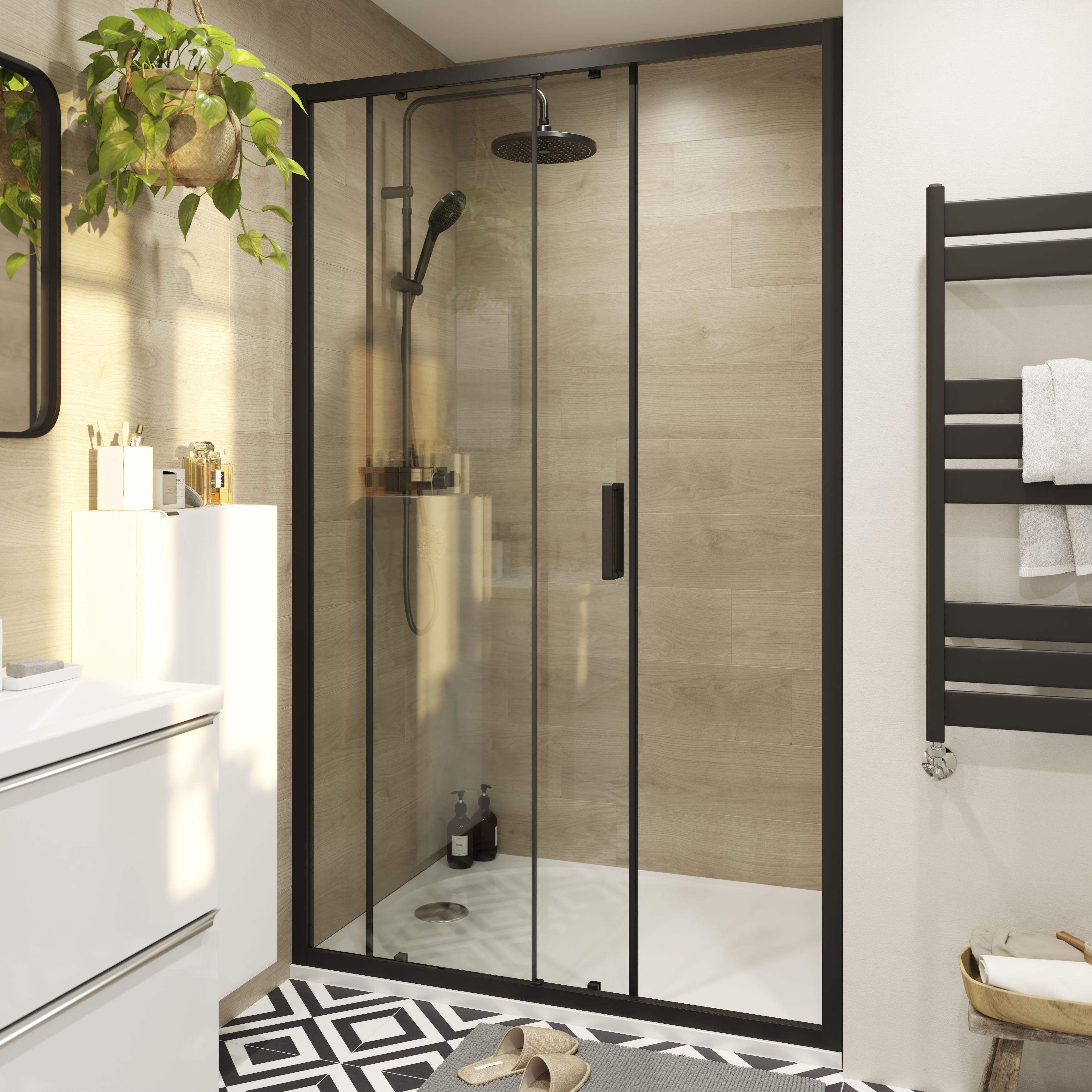 GoodHome Ledava Minimal frame Black Clear glass Sliding Shower Door (H)195cm (W)120cm