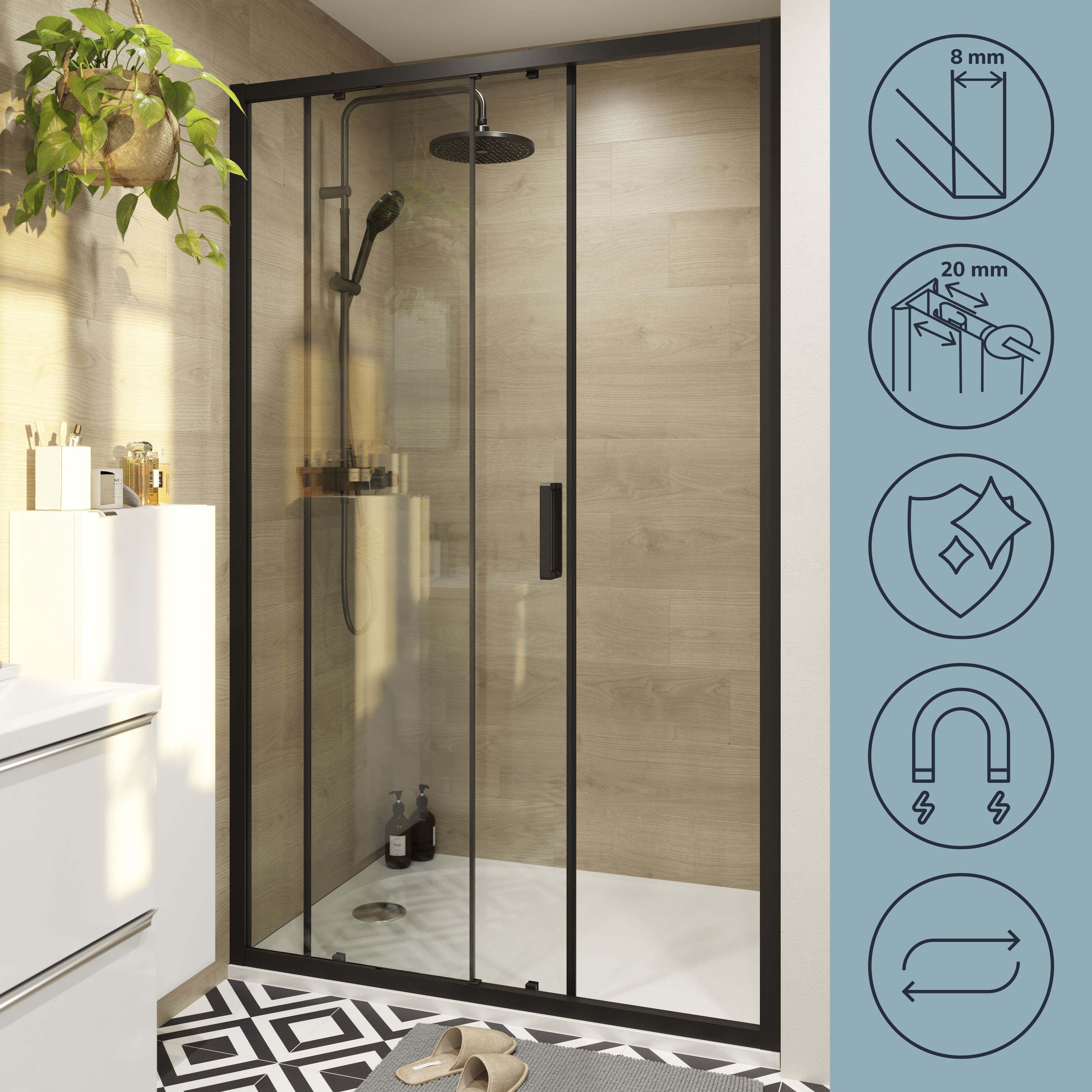 GoodHome Ledava Minimal frame Black Clear glass Sliding Shower Door (H)195cm (W)120cm