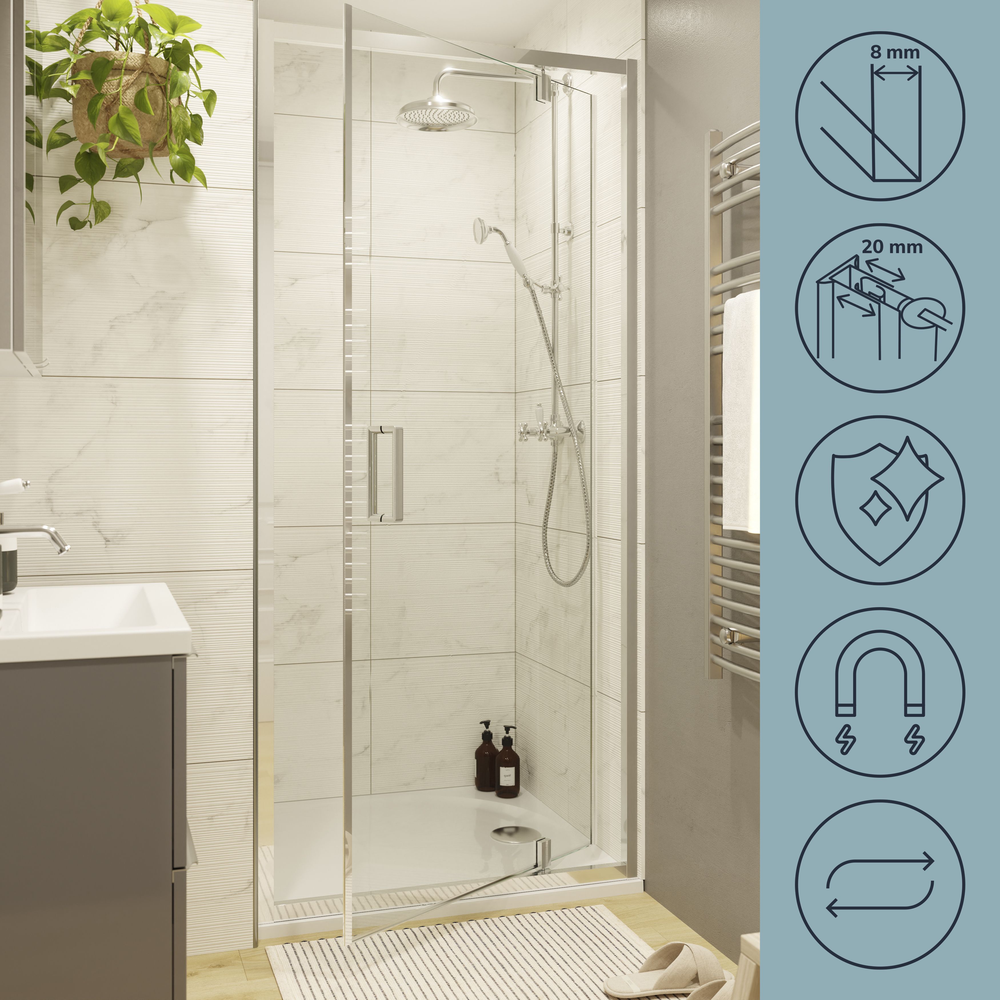 GoodHome Ledava Minimal frame Chrome effect Clear glass Half open pivot Shower Door (H)195cm (W)100cm