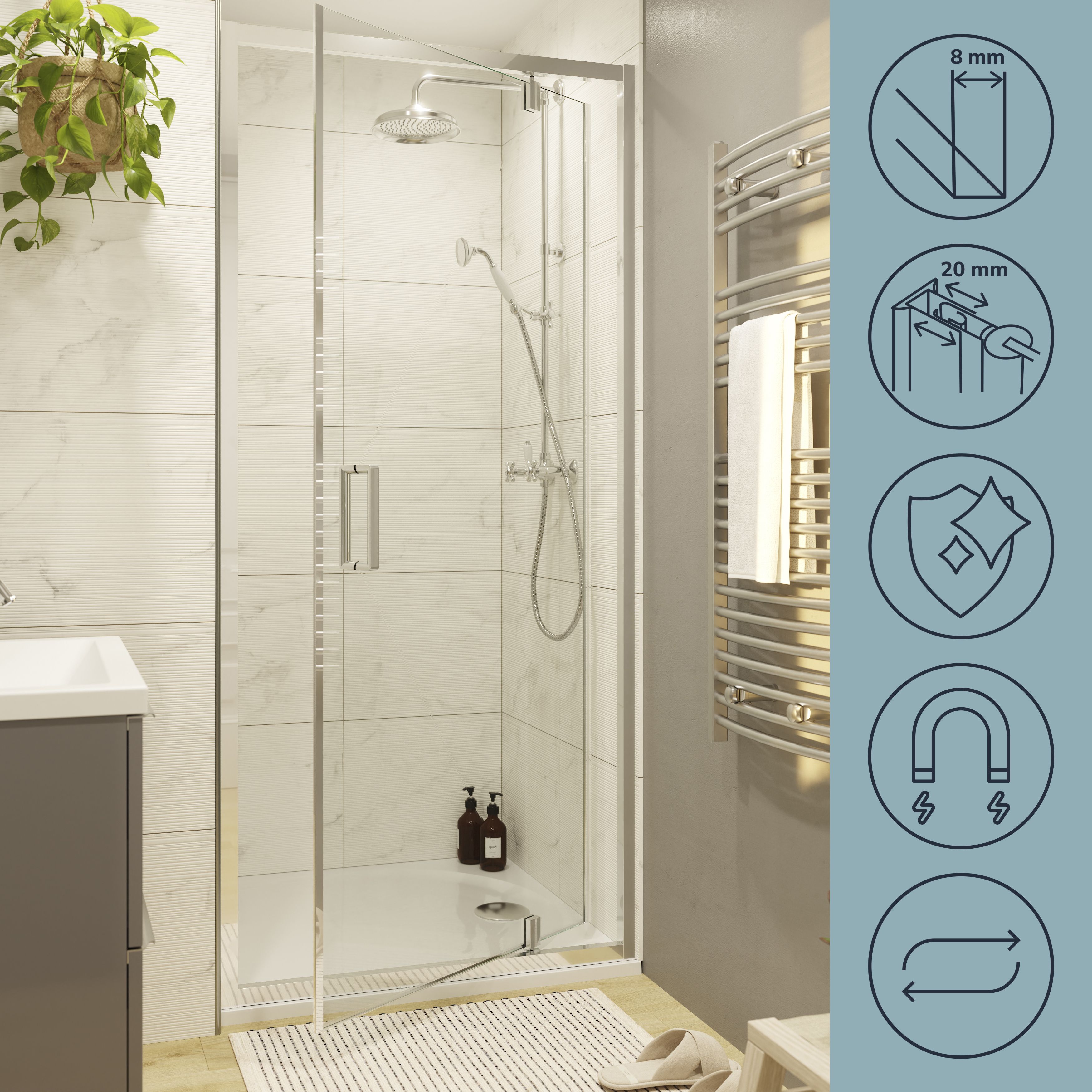 GoodHome Ledava Minimal frame Chrome effect Clear glass Half open pivot Shower Door (H)195cm (W)80cm