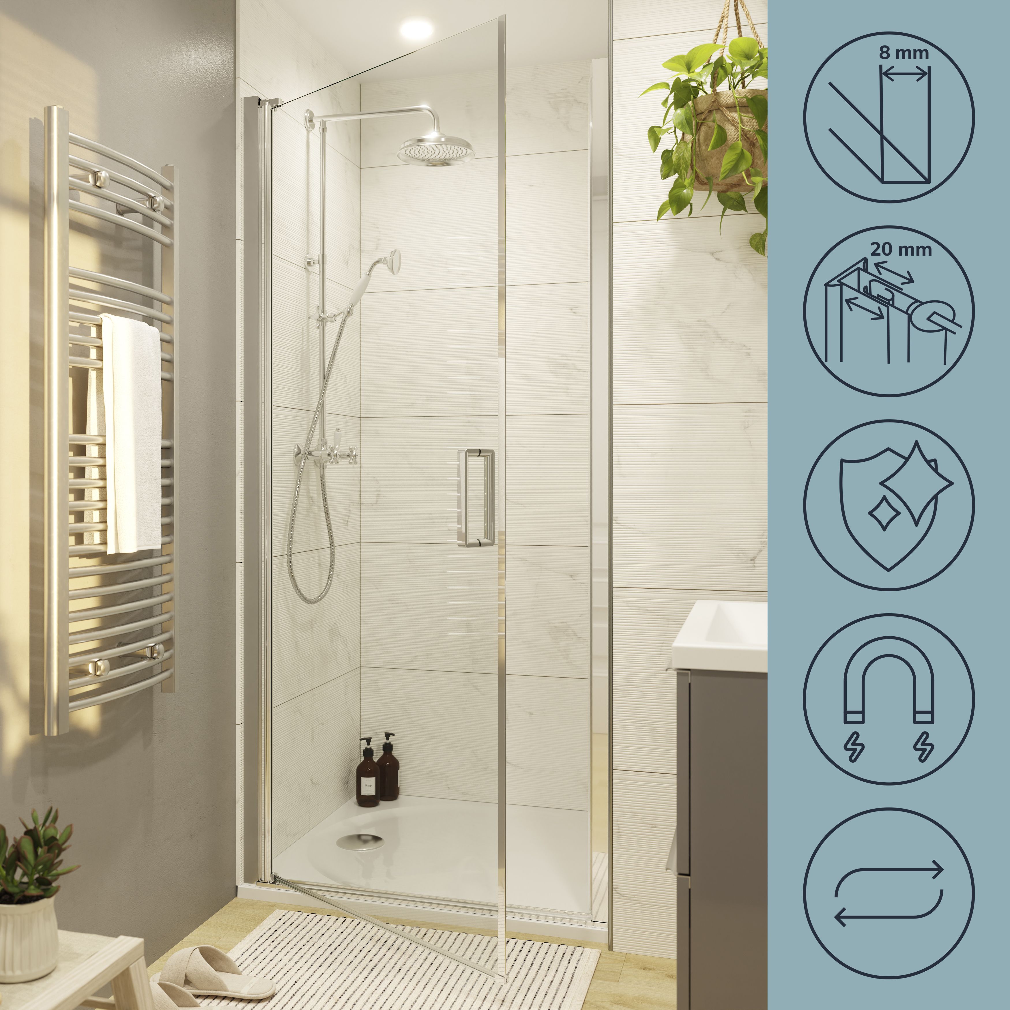 GoodHome Ledava Minimal frame Chrome effect Clear glass Pivot Shower Door (H)195cm (W)76cm