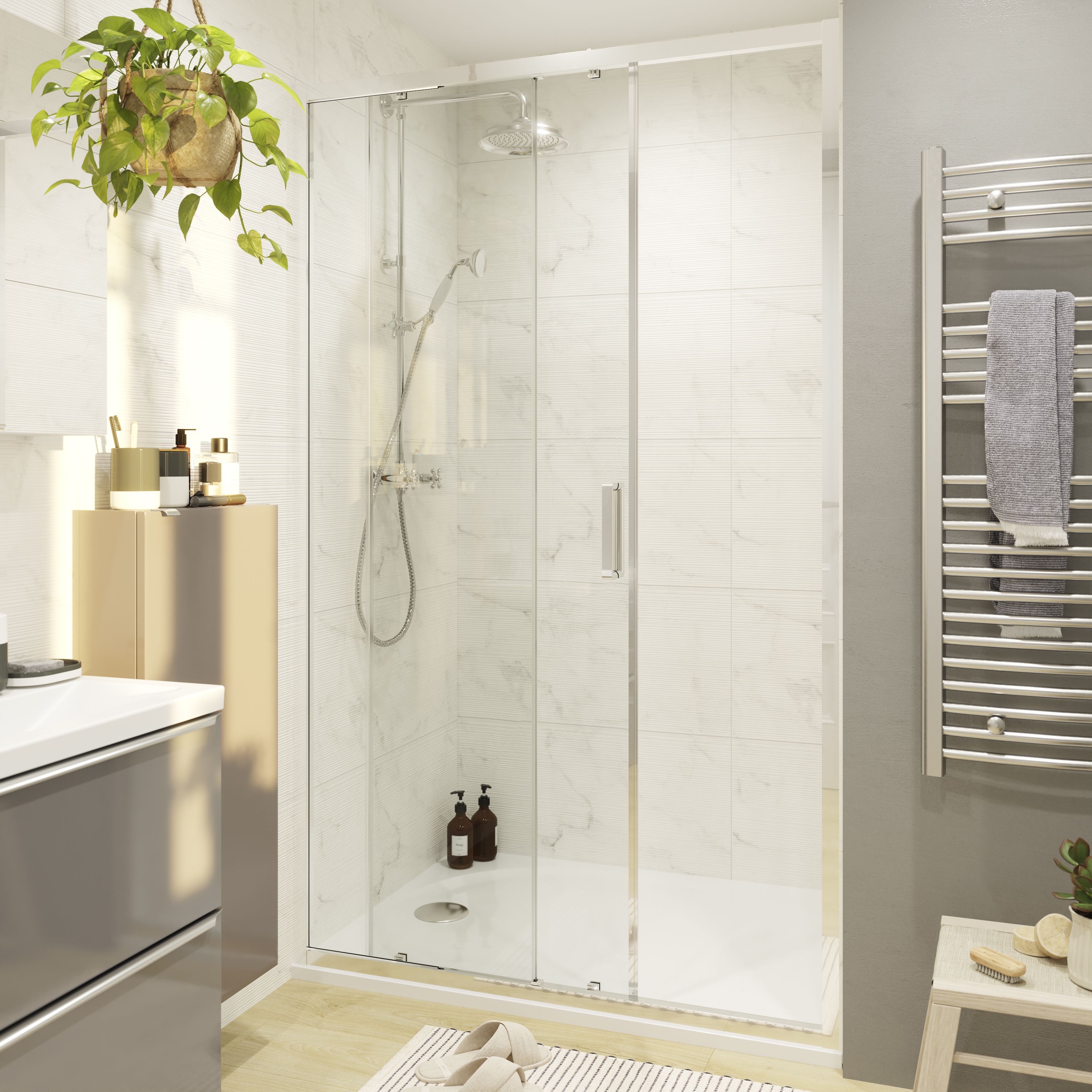 GoodHome Ledava Minimal frame Chrome effect Clear glass Sliding Shower Door (H)195cm (W)100cm