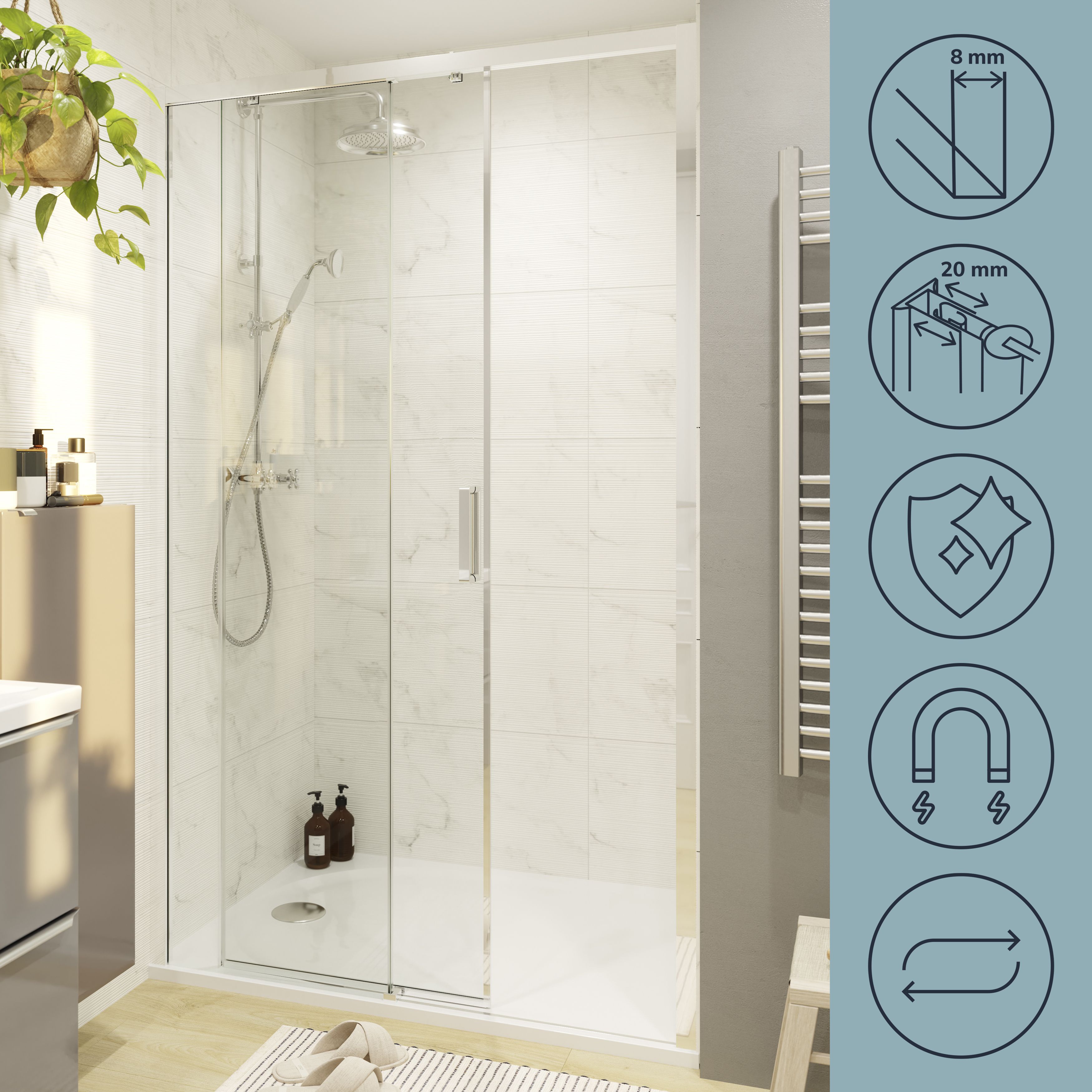 GoodHome Ledava Minimal frame Chrome effect Clear glass Sliding Shower Door (H)195cm (W)120cm