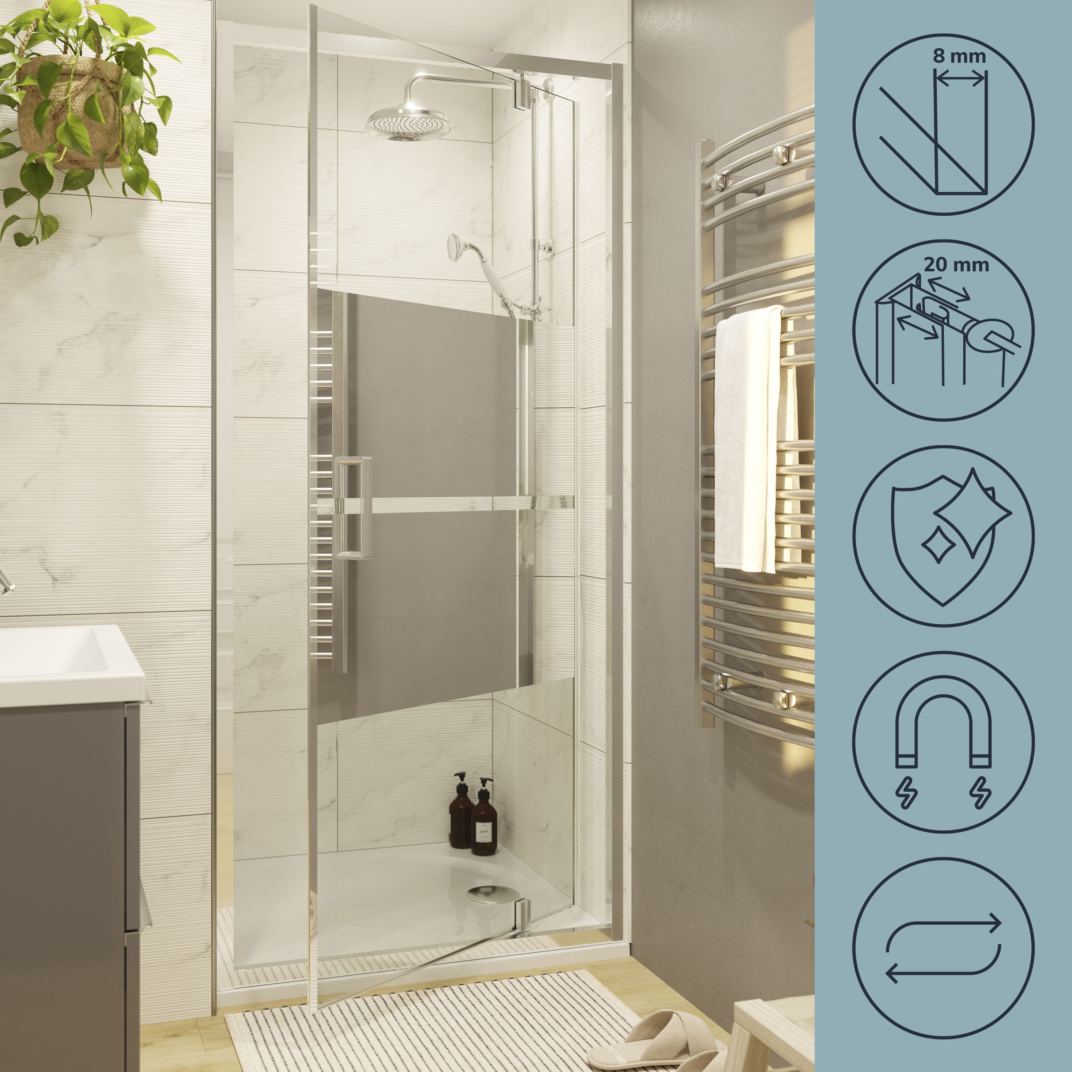 GoodHome Ledava Minimal frame Chrome effect Mirror Strip Half open pivot Shower Door (H)195cm (W)100cm