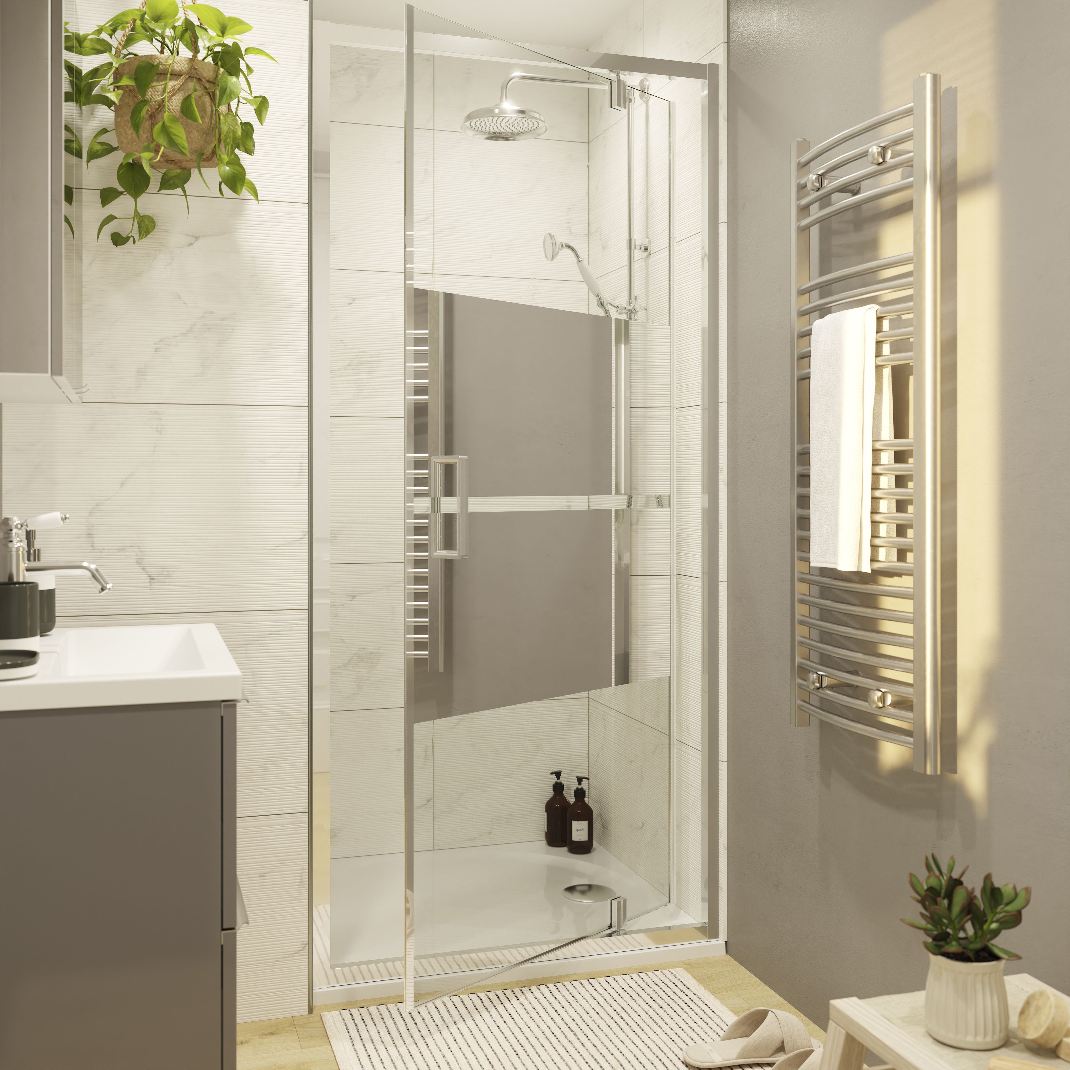 GoodHome Ledava Minimal frame Chrome effect Mirror Strip Half open pivot Shower Door (H)195cm (W)76cm