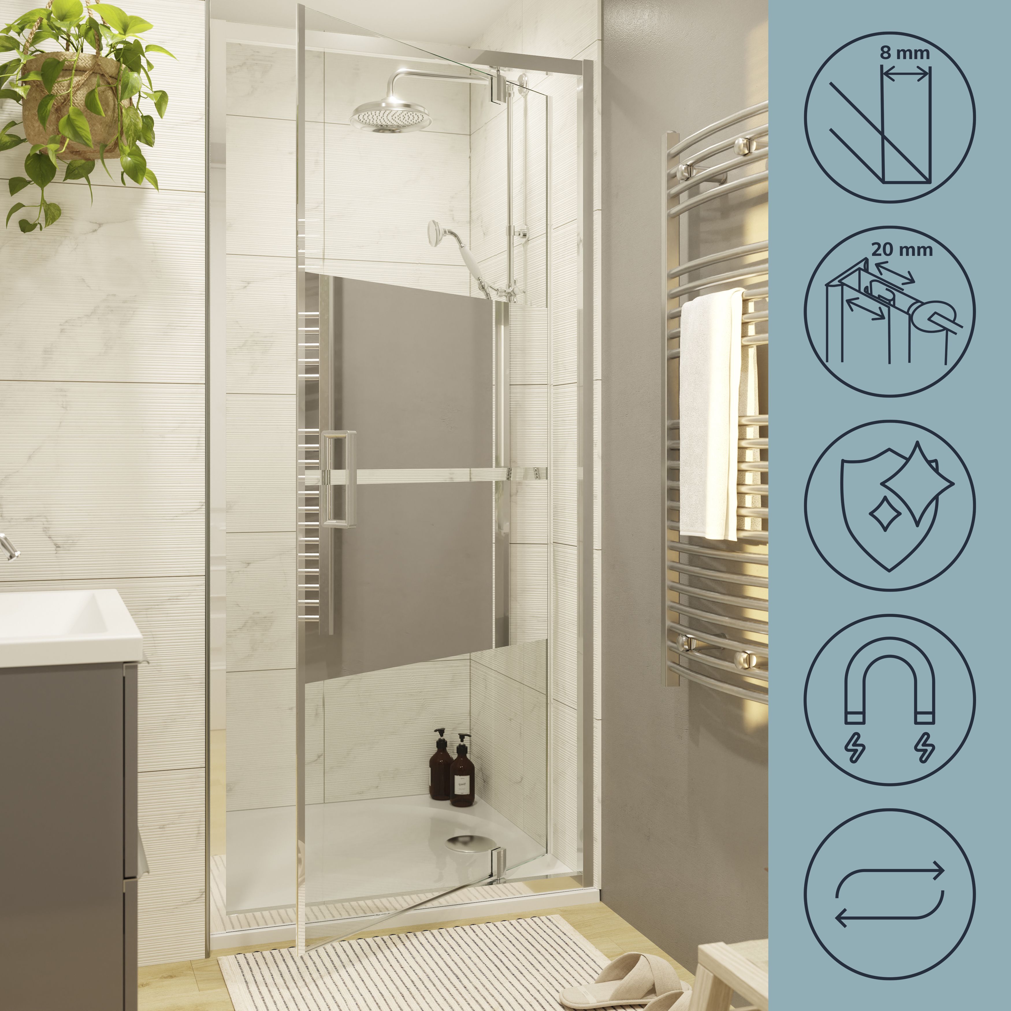 GoodHome Ledava Minimal frame Chrome effect Mirror Strip Half open pivot Shower Door (H)195cm (W)76cm