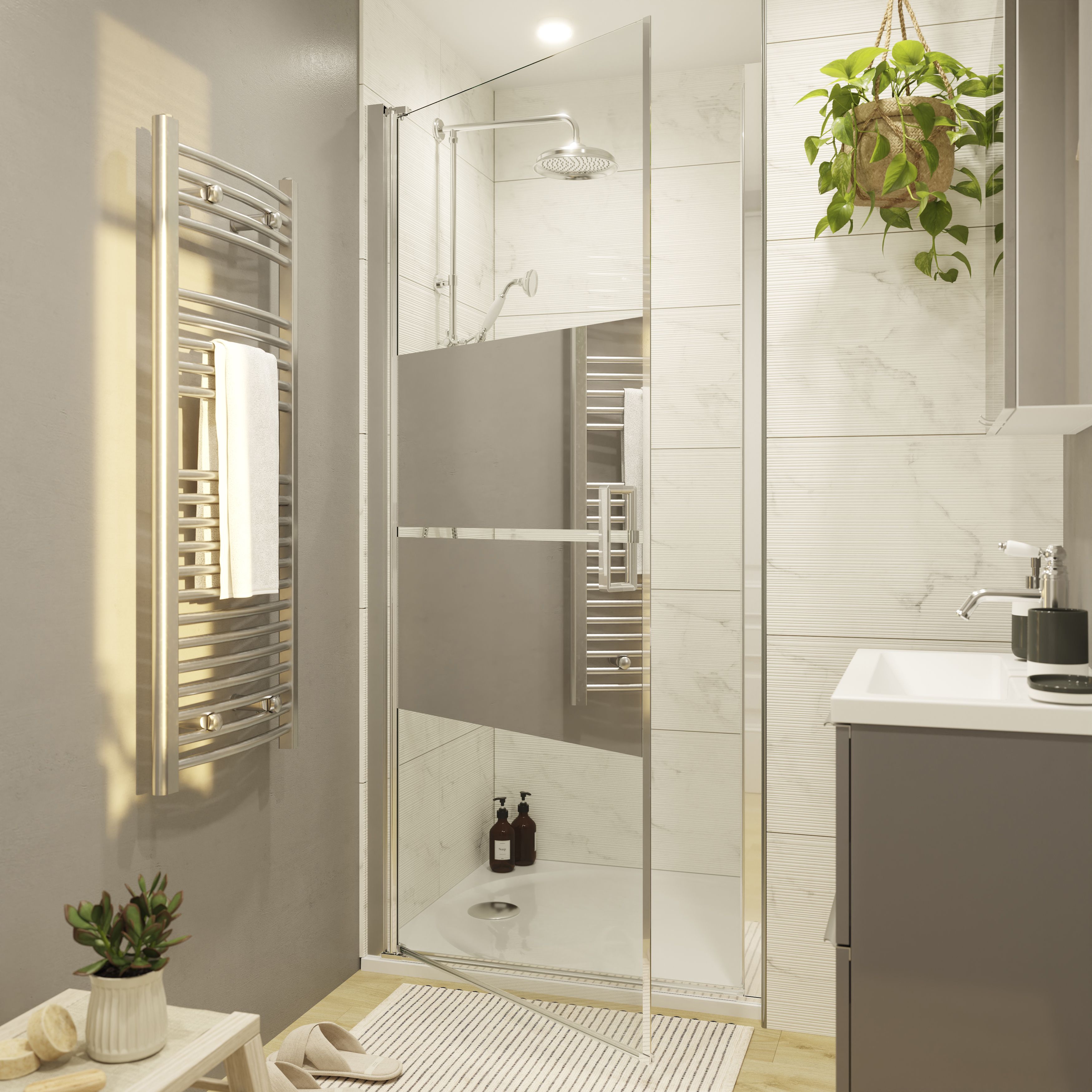 GoodHome Ledava Minimal frame Chrome effect Mirror Strip Pivot Shower Door (H)195cm (W)76cm