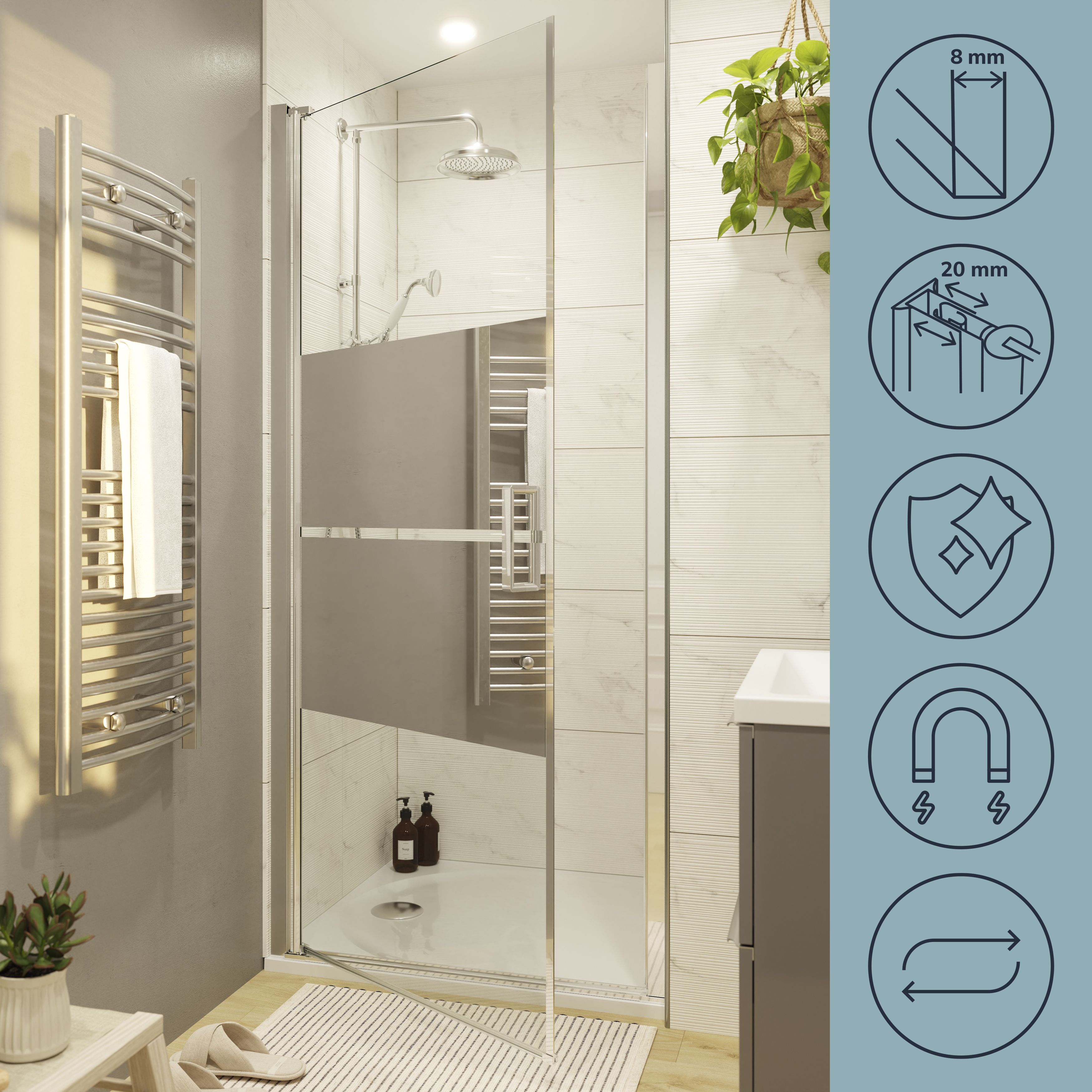 GoodHome Ledava Minimal frame Chrome effect Mirror Strip Pivot Shower Door (H)195cm (W)76cm