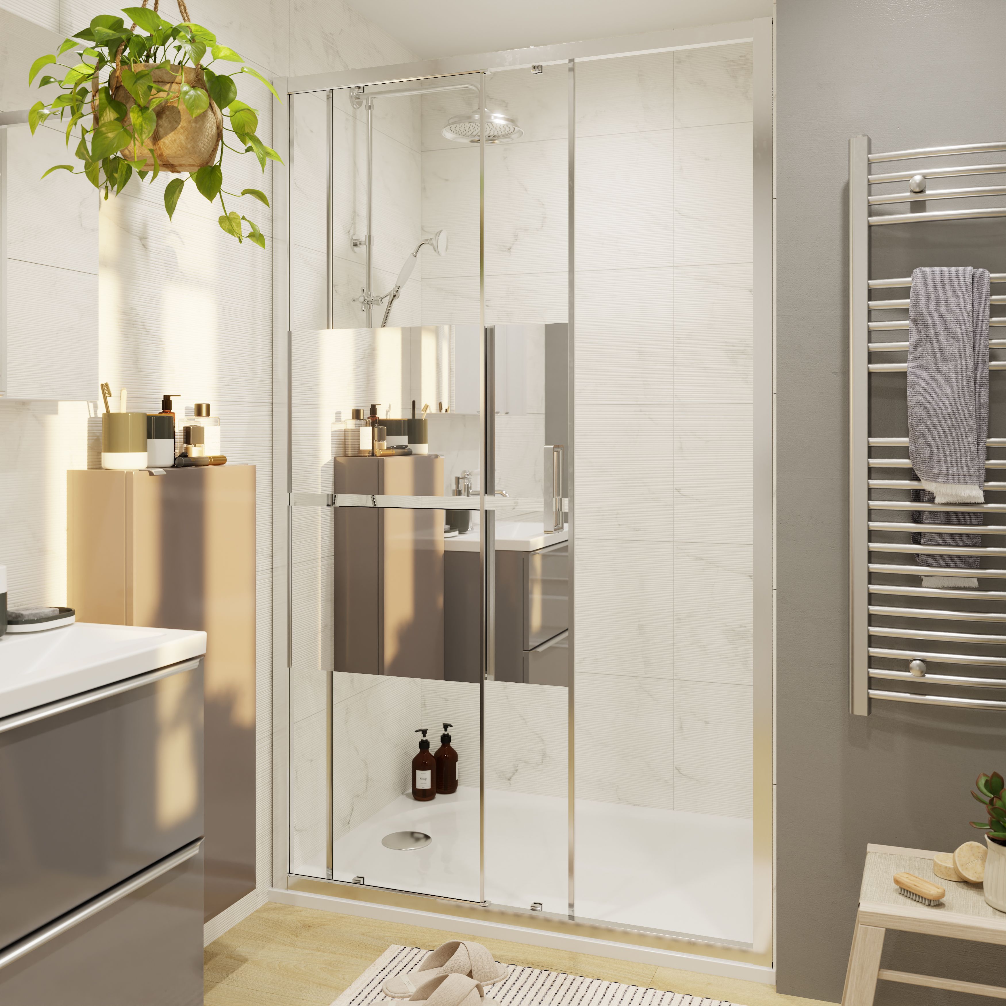 GoodHome Ledava Minimal frame Chrome effect Mirror Strip Sliding Shower Door (H)195cm (W)120cm