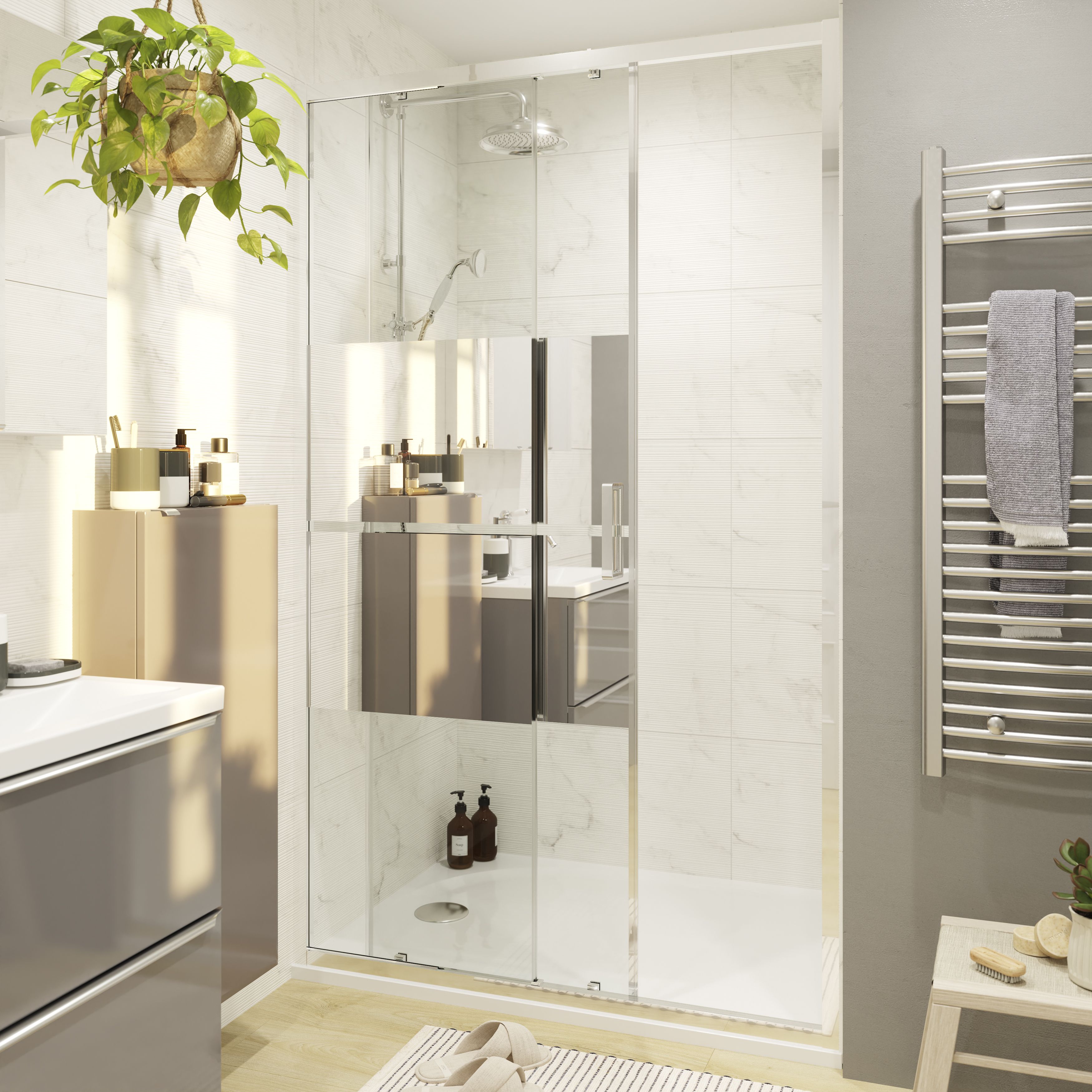 GoodHome Ledava Minimal frame Chrome effect Mirror Strip Sliding Shower Door (H)195cm (W)120cm
