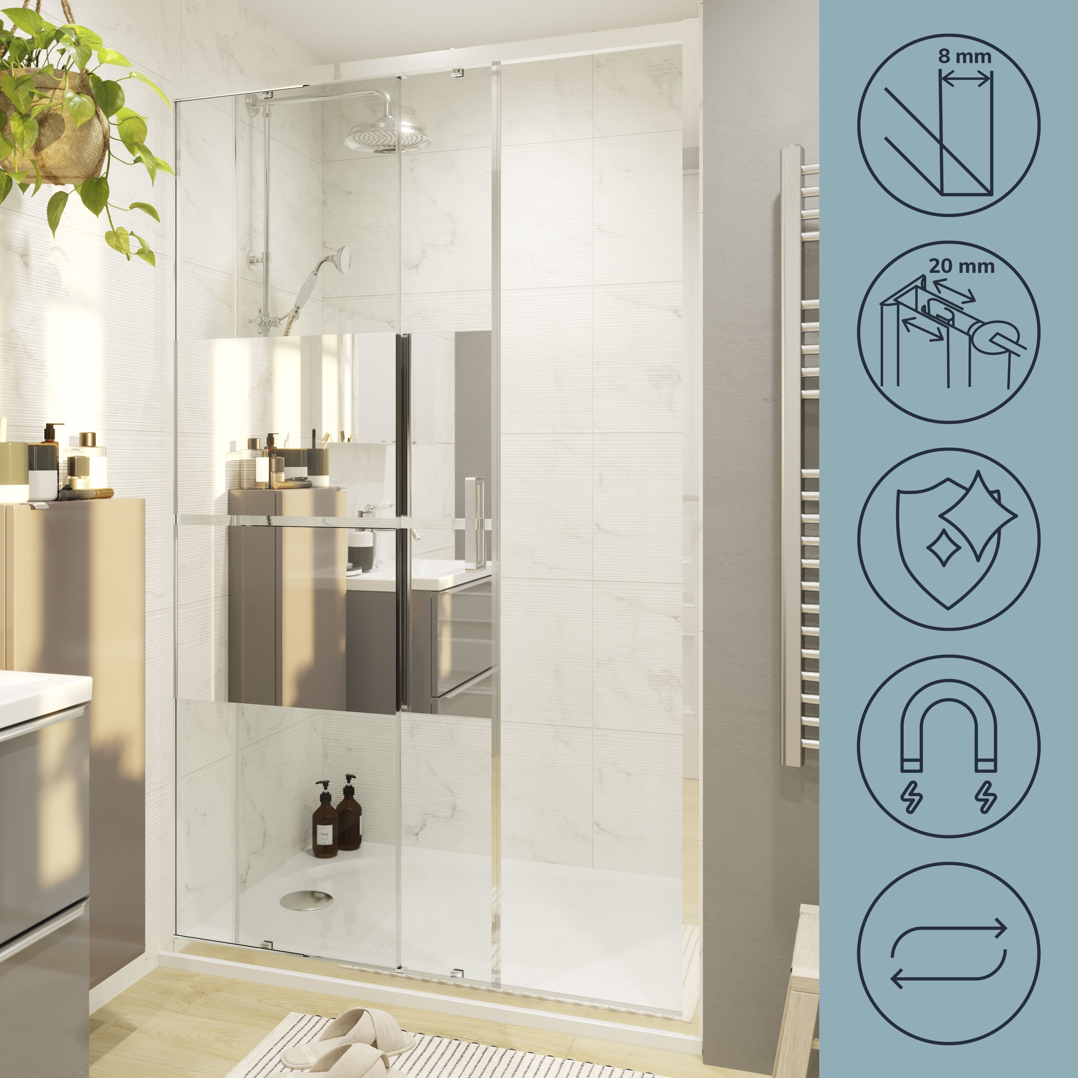 GoodHome Ledava Minimal frame Chrome effect Mirror Strip Sliding Shower Door (H)195cm (W)120cm