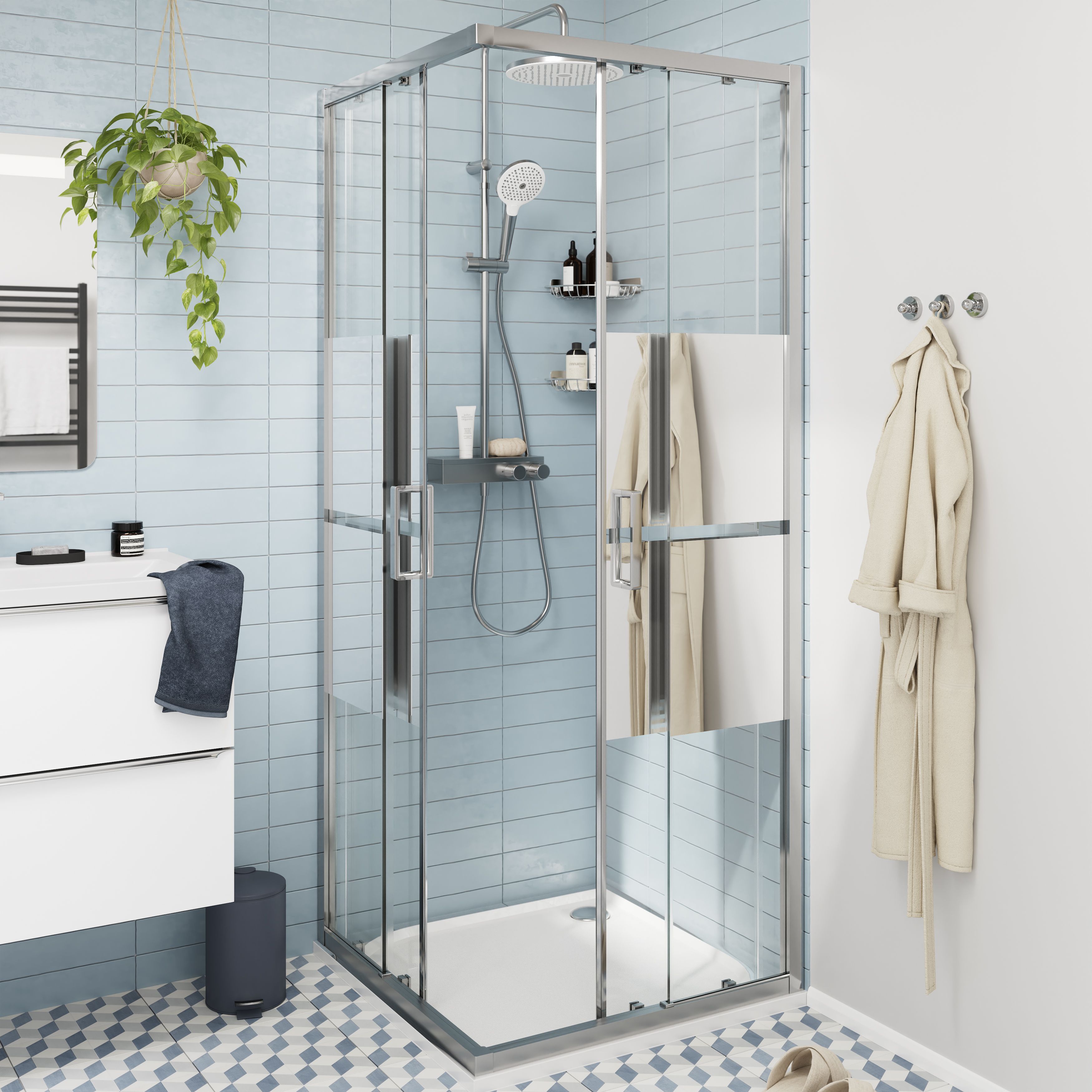 GoodHome Ledava Semi-mirrored Chrome effect Square Shower enclosure - Corner entry double sliding door (W)76cm (D)76cm